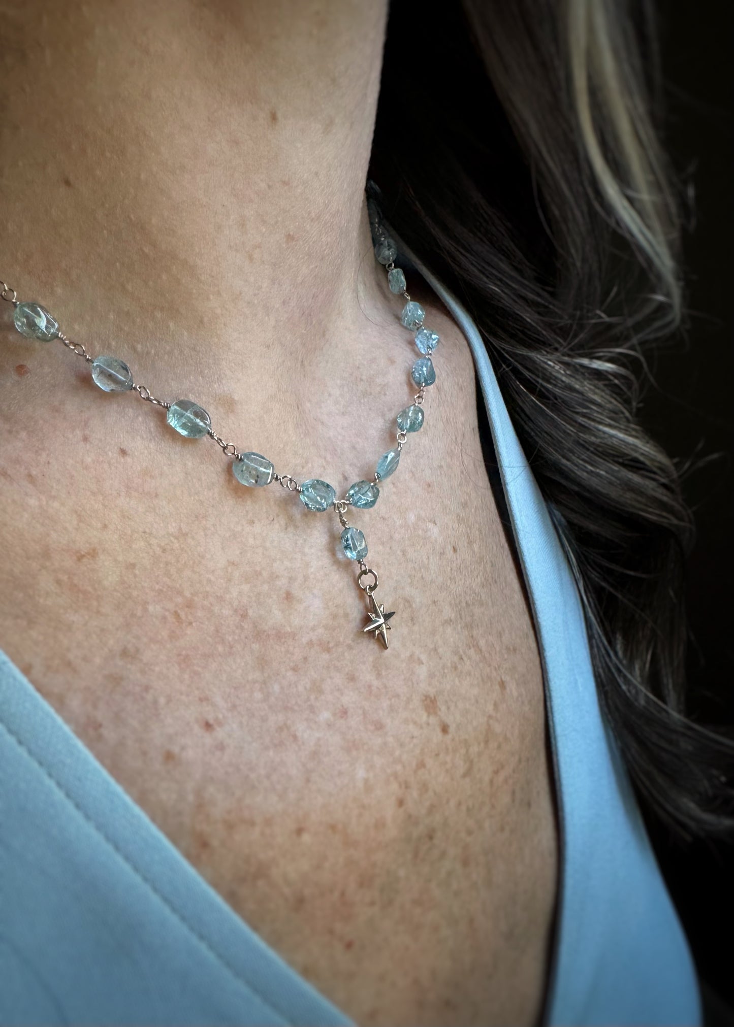 14k + Aquamarine Beaded Chain & Compass Rose Necklace