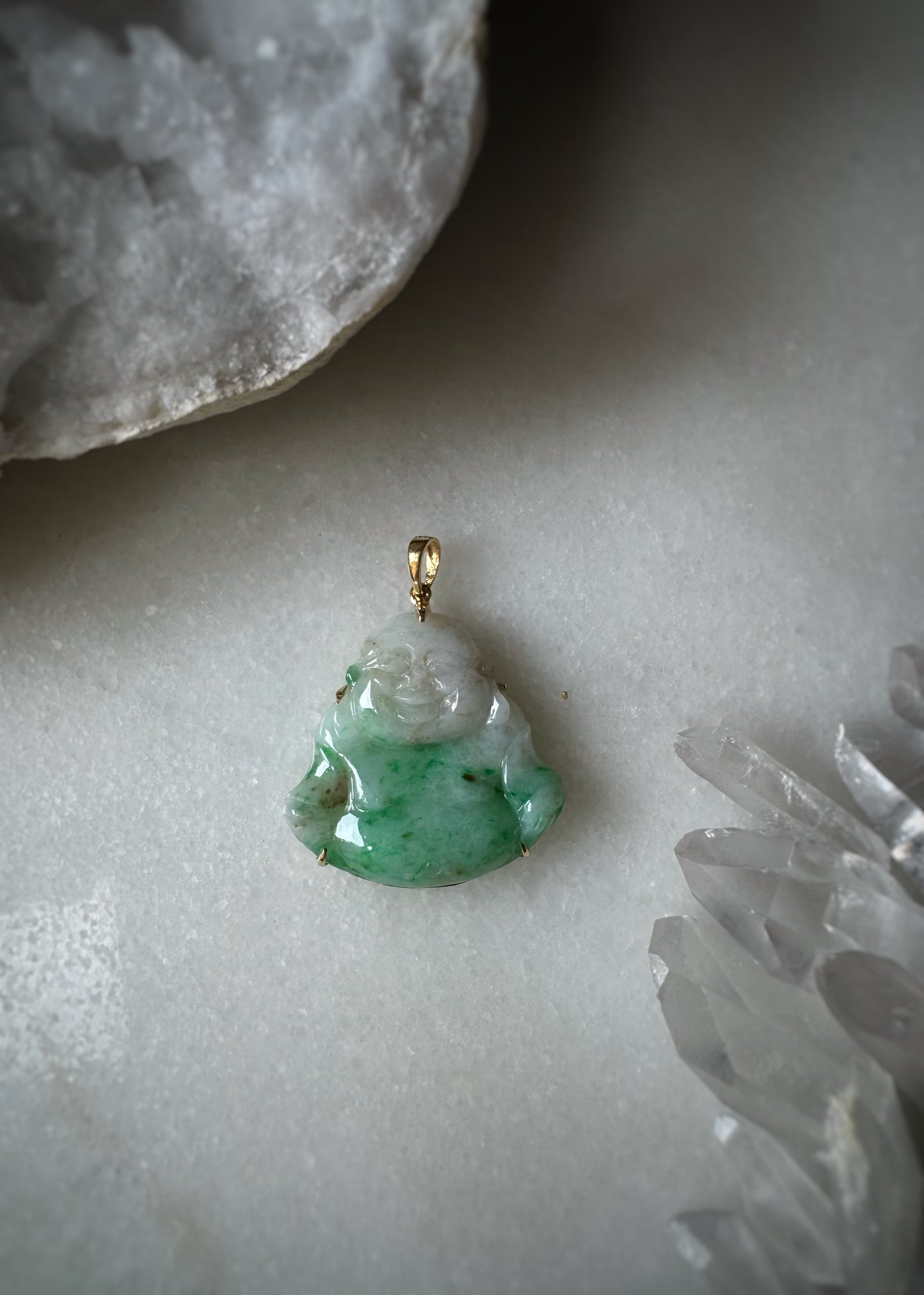 Estate 18k + Jadeite Jade Budai Pendant