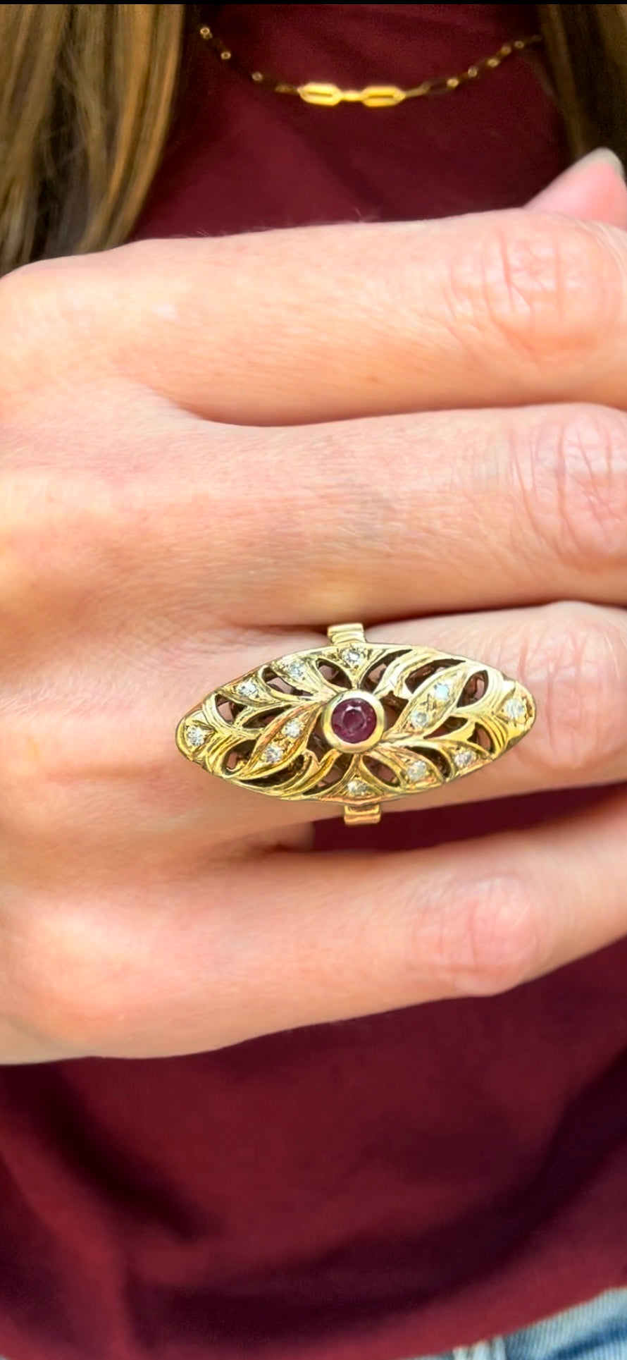 Estate 14k + Ruby and Diamond Navette Ring