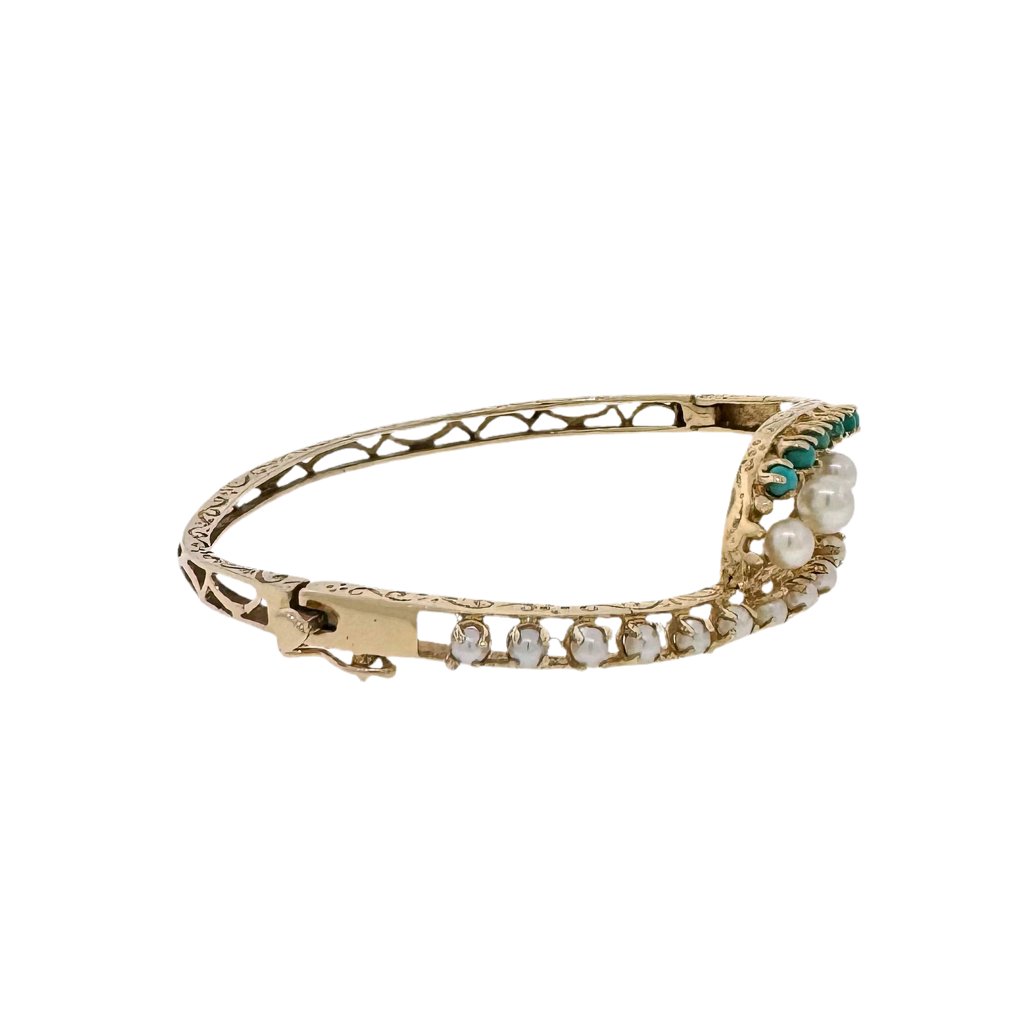 Estate 14k + Pearl and Turquoise Bangle Bracelet