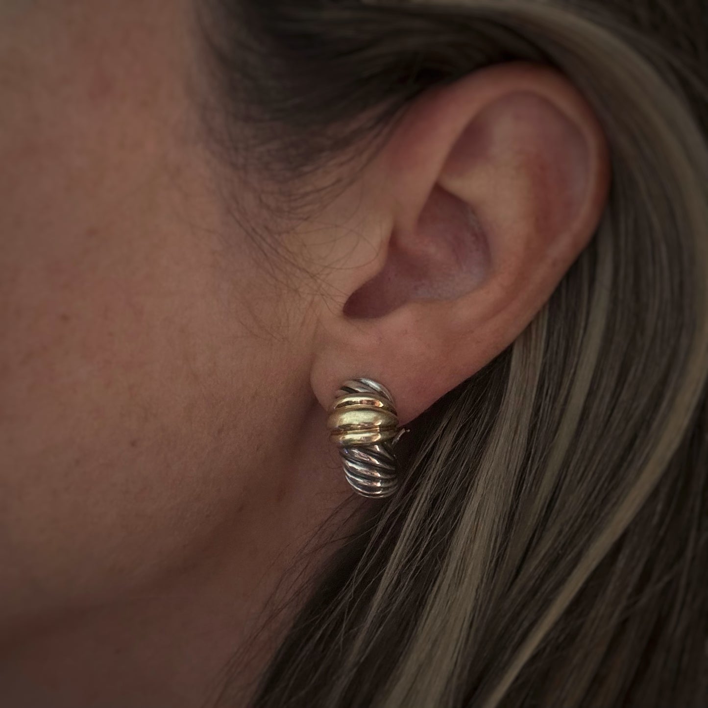 Estate Designer Sterling Silver + 14k Cable Shrimp Earrings