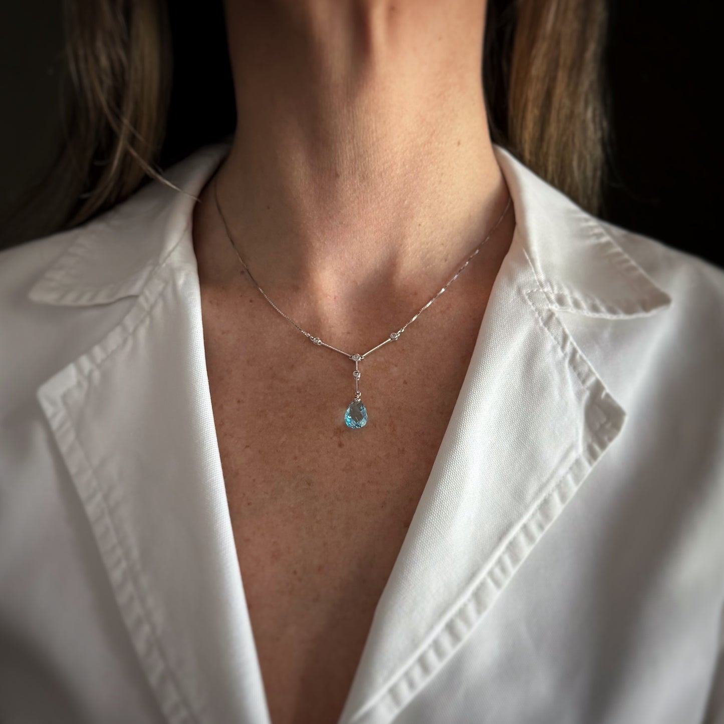Estate 14k + Blue Topaz and Diamond Lariat 17" Necklace