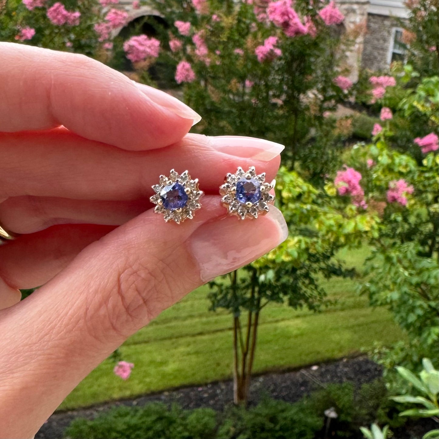 Estate 14k + Tanzanite and Diamond Halo Earrings