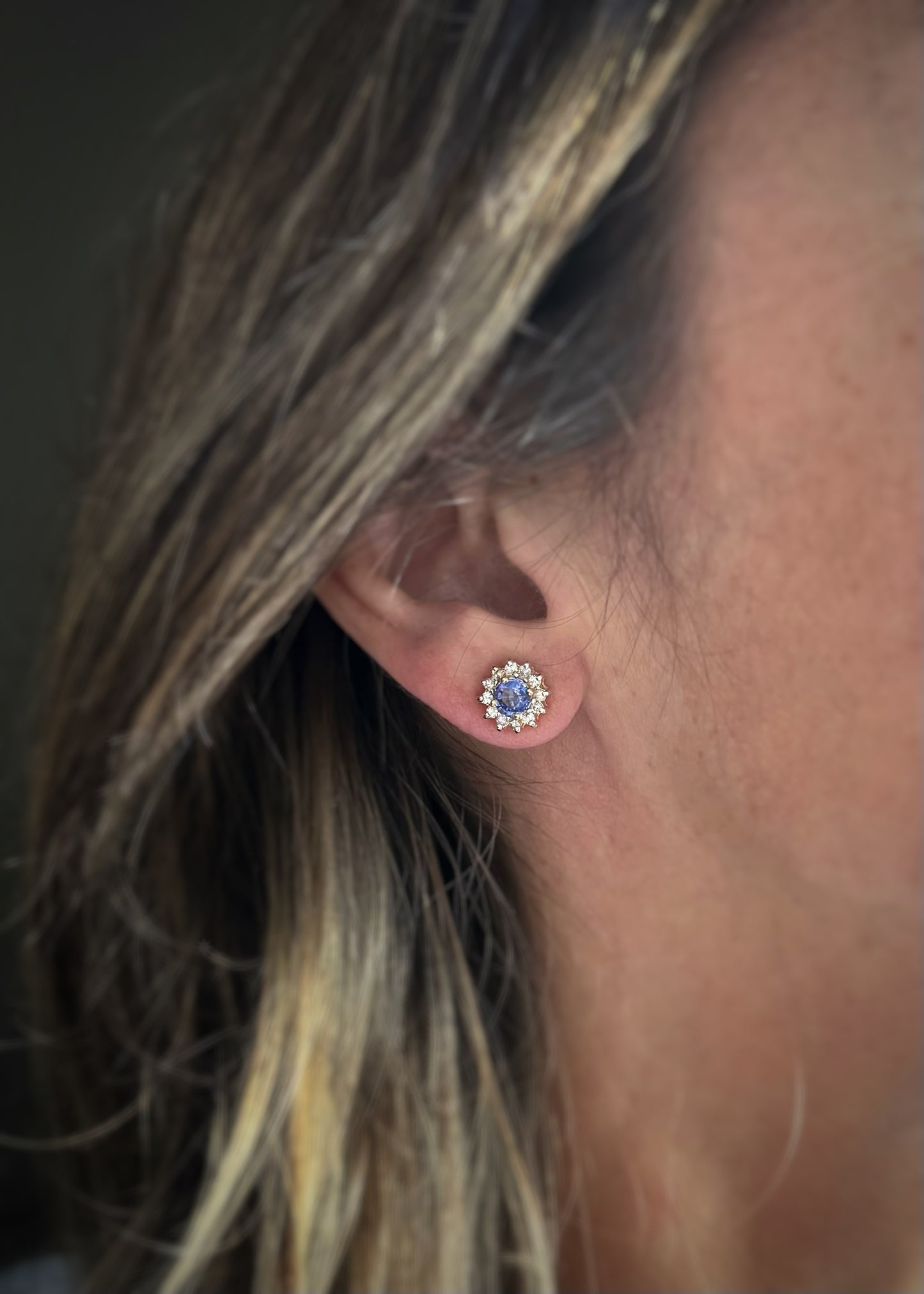 Estate 14k + Tanzanite and Diamond Halo Earrings