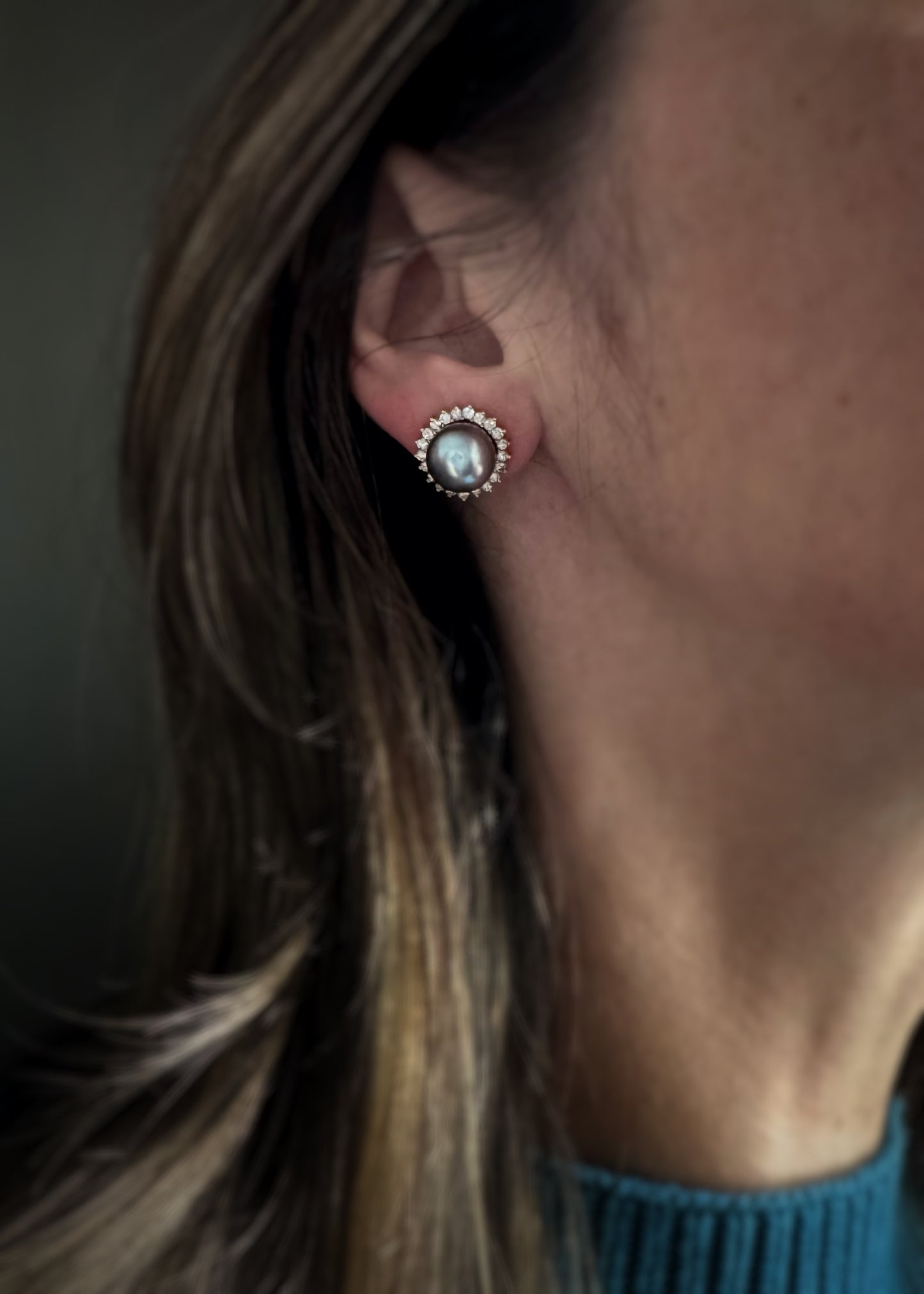 Estate 14k + Tahitian Pearl and Diamond Halo Earrings