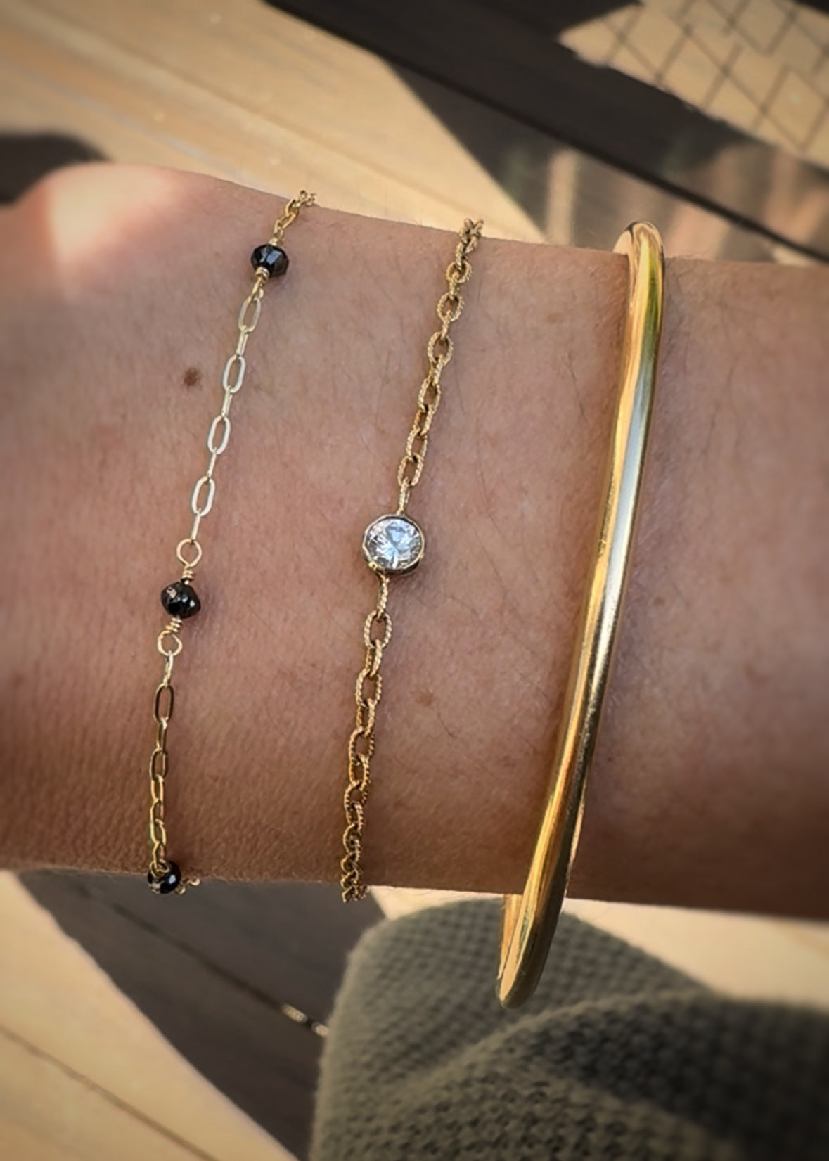 14k + Black Diamond Bead Station Bracelet