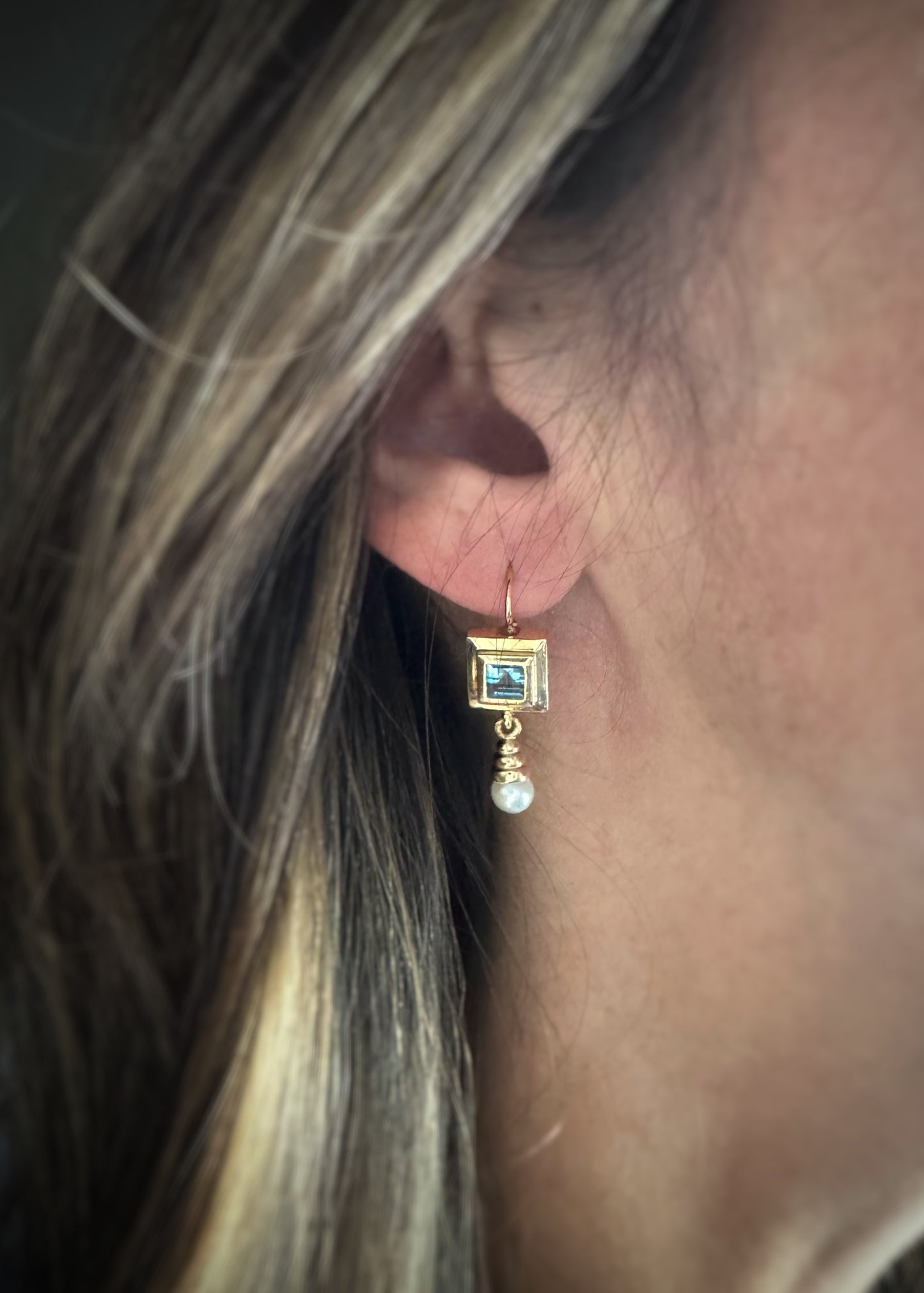 Estate 14k + Blue Topaz and Akoya Pearl Drop Earrings