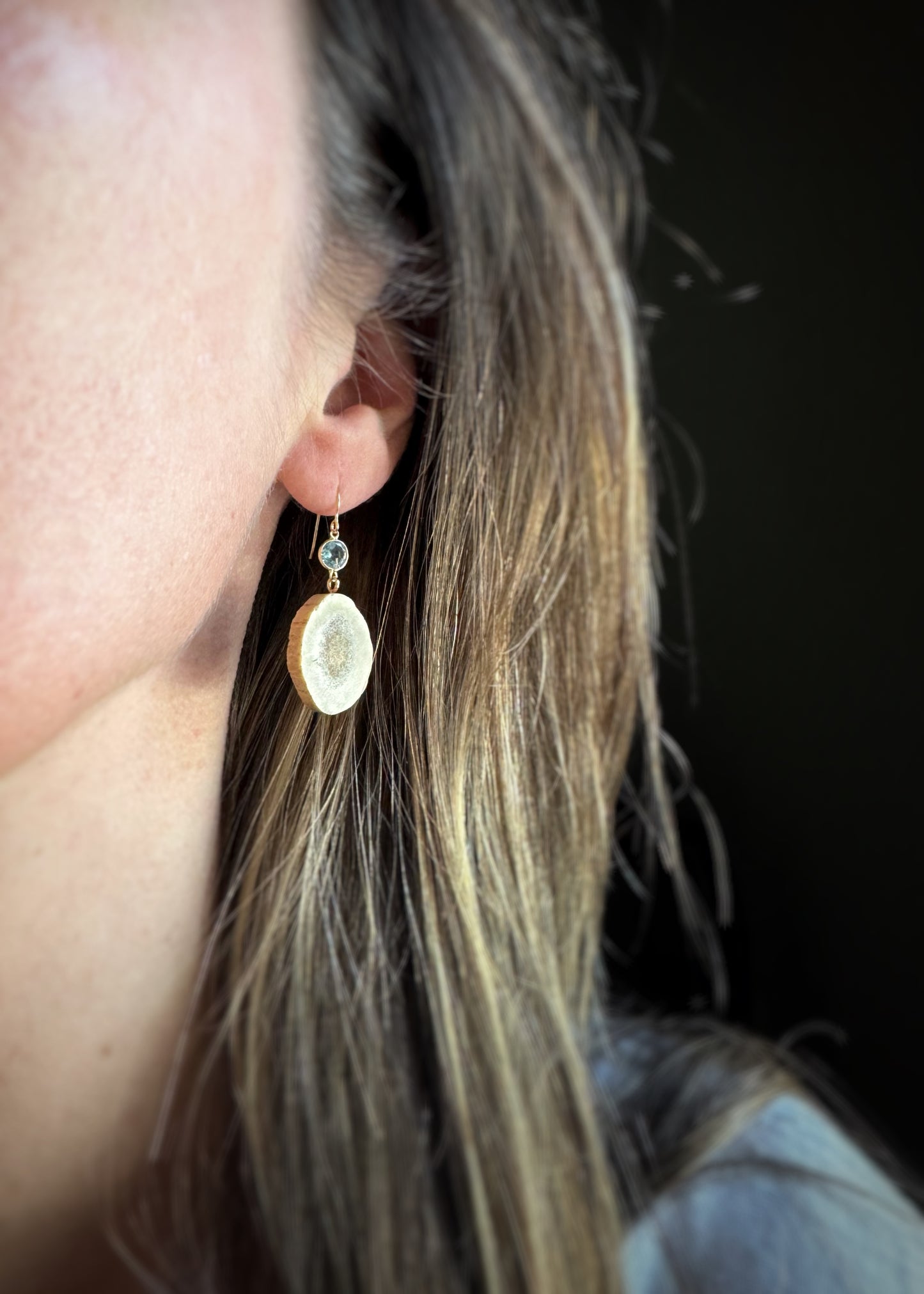 14k + Blue Topaz & Antler Slice Earrings