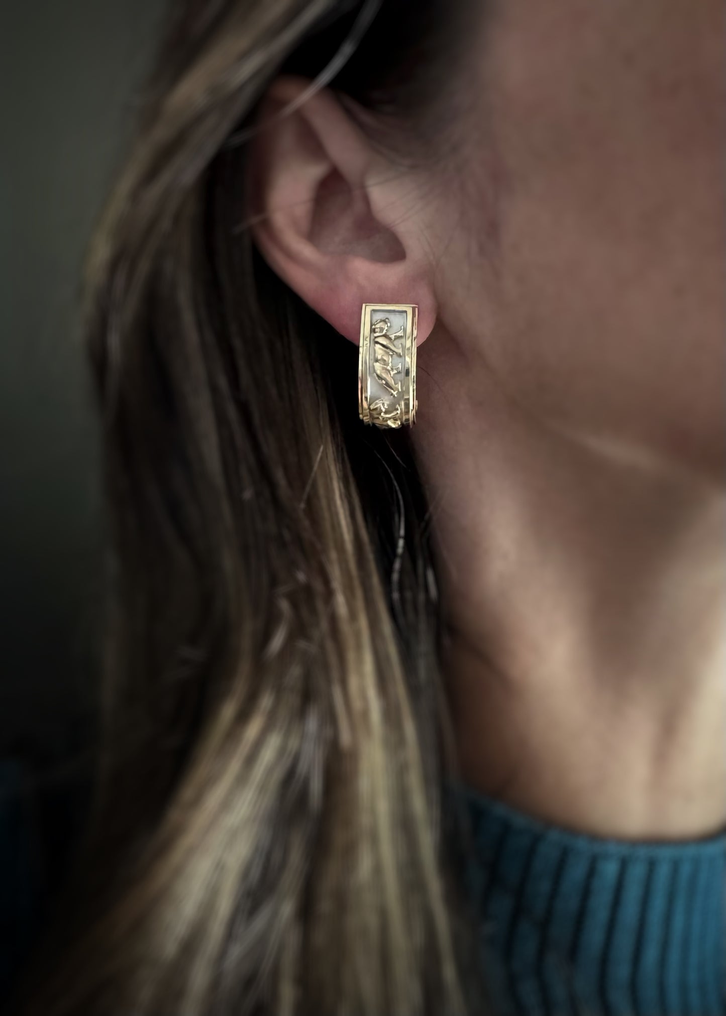 Estate 14k + Two Tone Panther Hoop Earrings