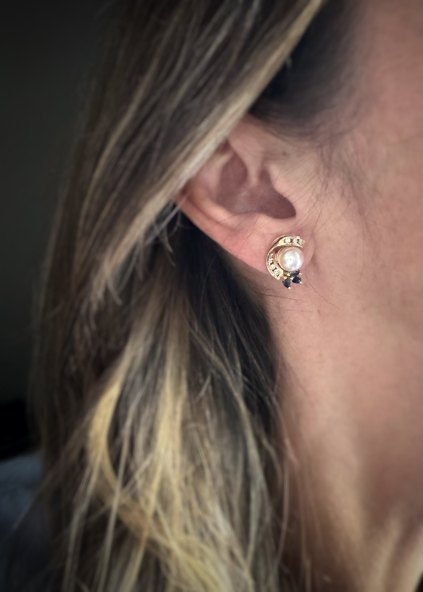 Estate 14k + Pearl Earrings with Sapphires and Diamonds