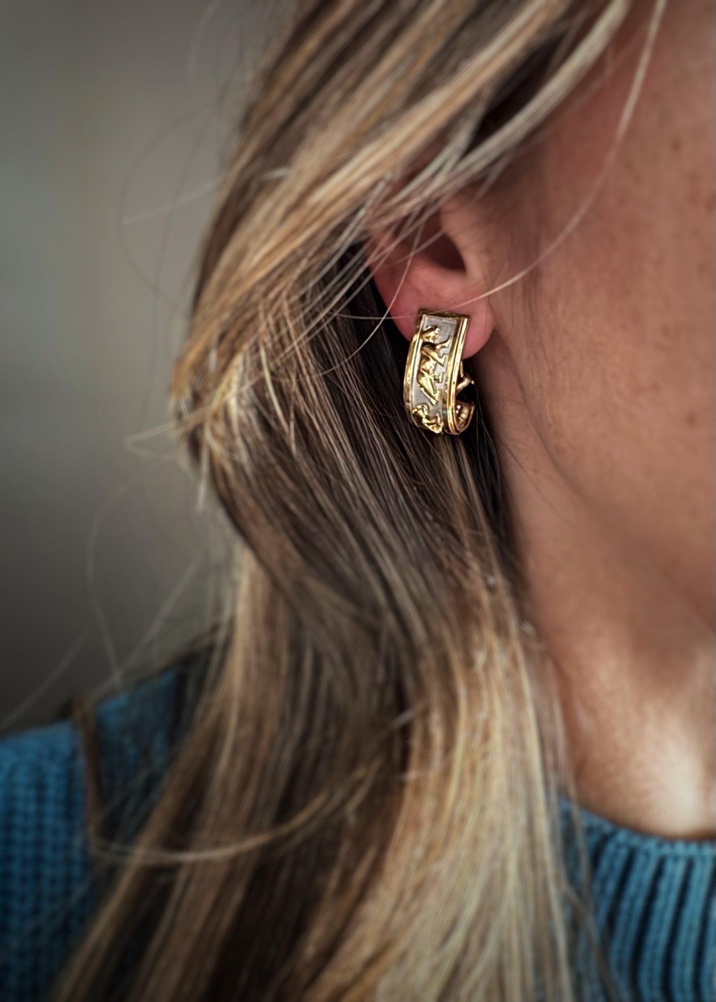 Estate 14k + Two Tone Panther Hoop Earrings