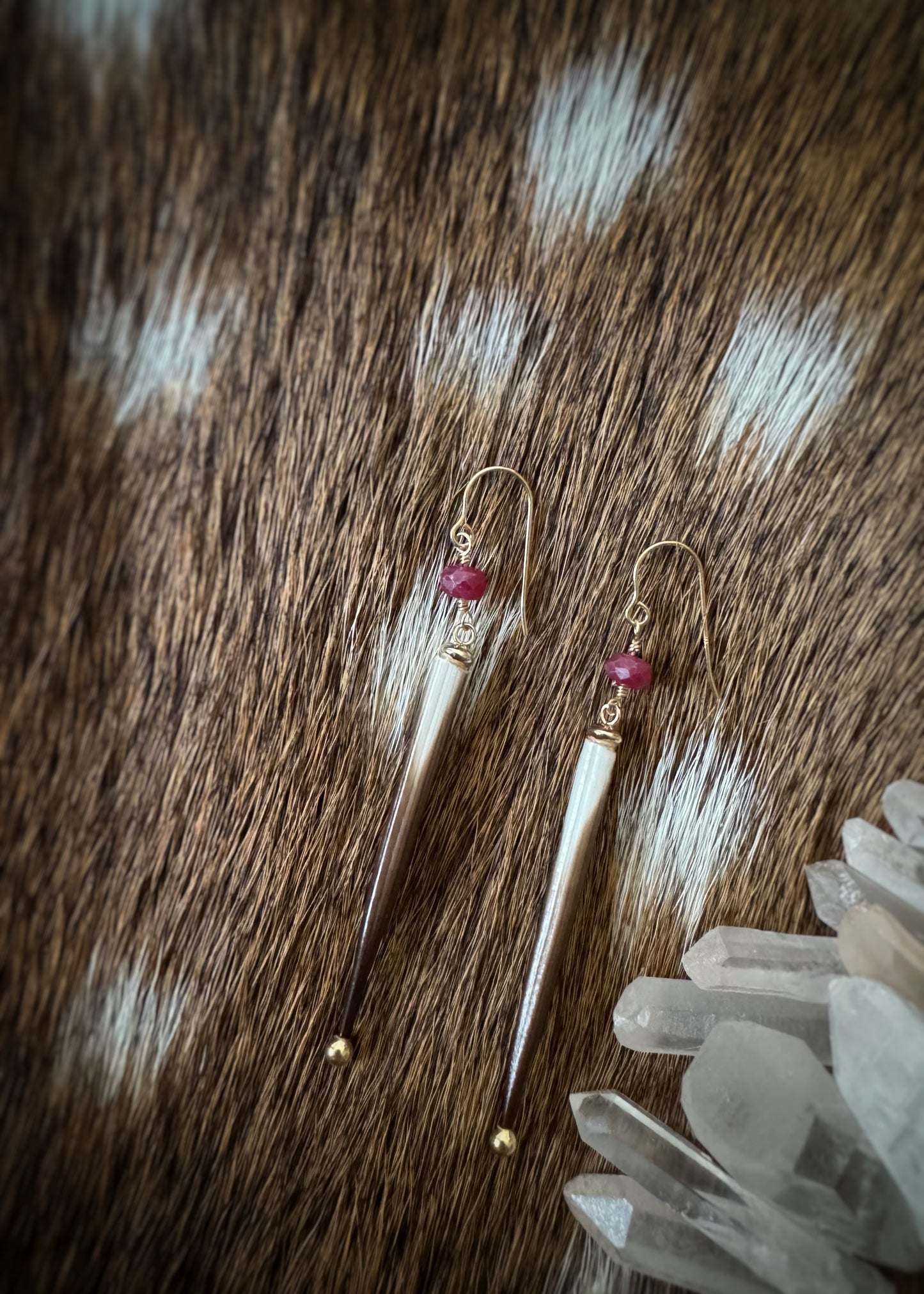 14k + Porcupine Quill and Ruby Earrings