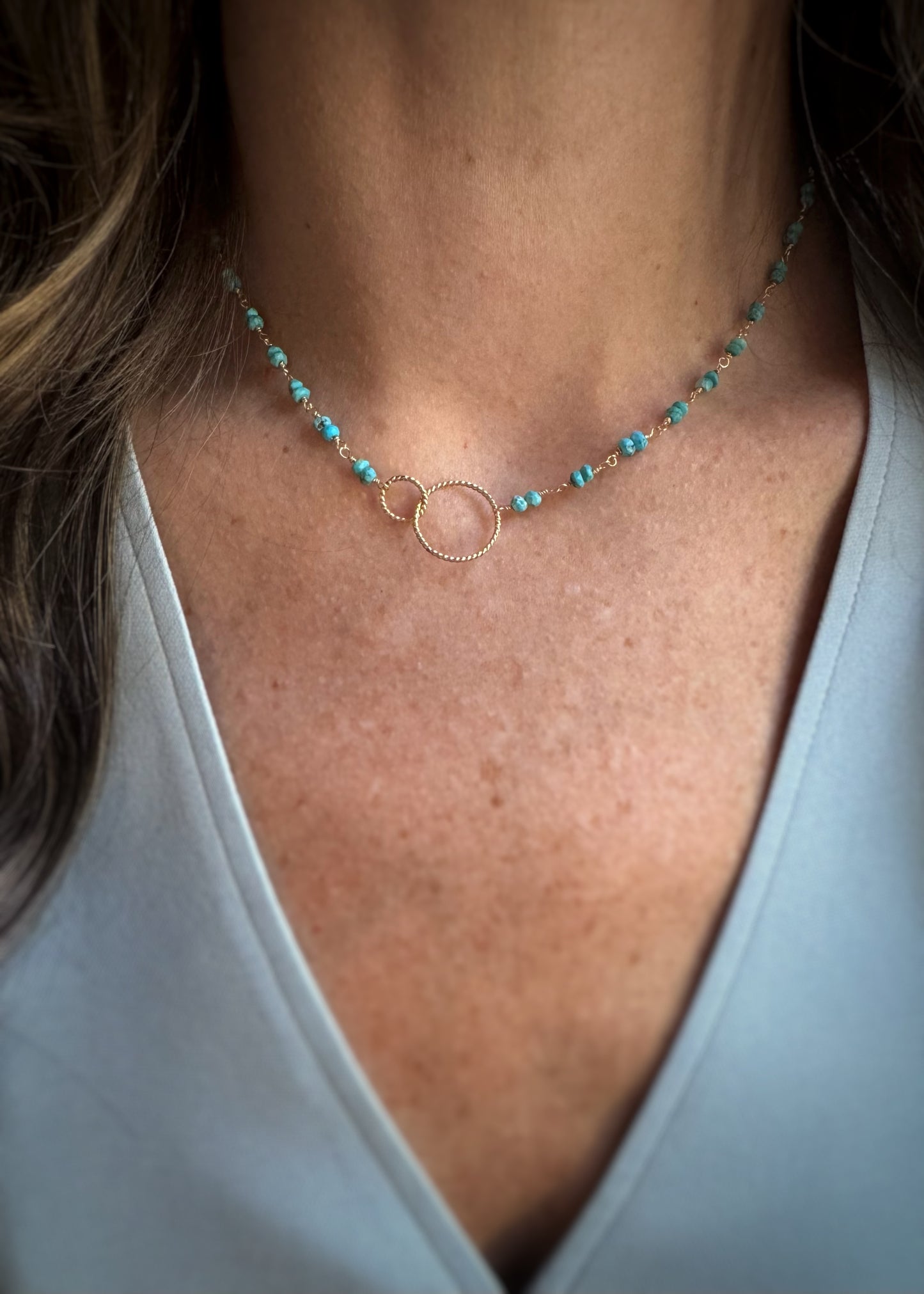 14k + Turquoise Bead Chain Circles Necklace