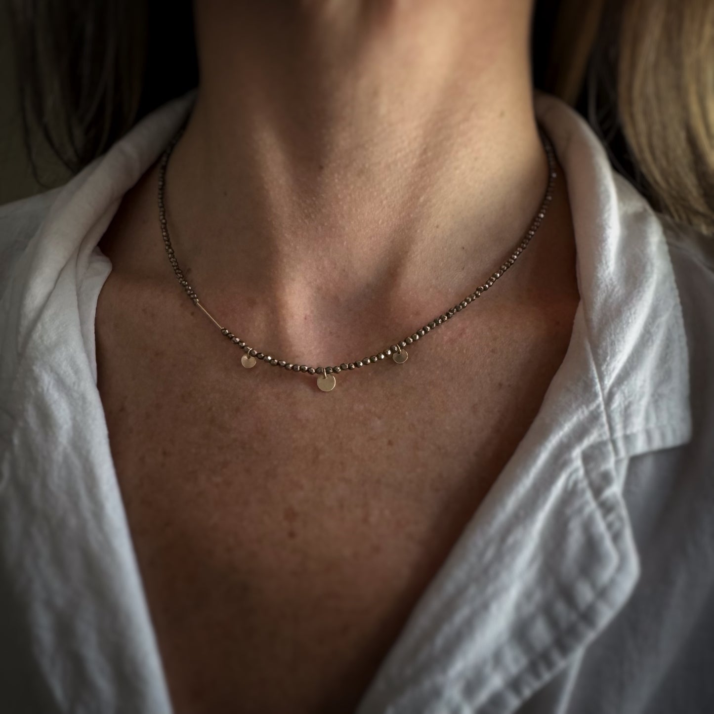 14k + Pyrite Beads & Mini Discs Necklace
