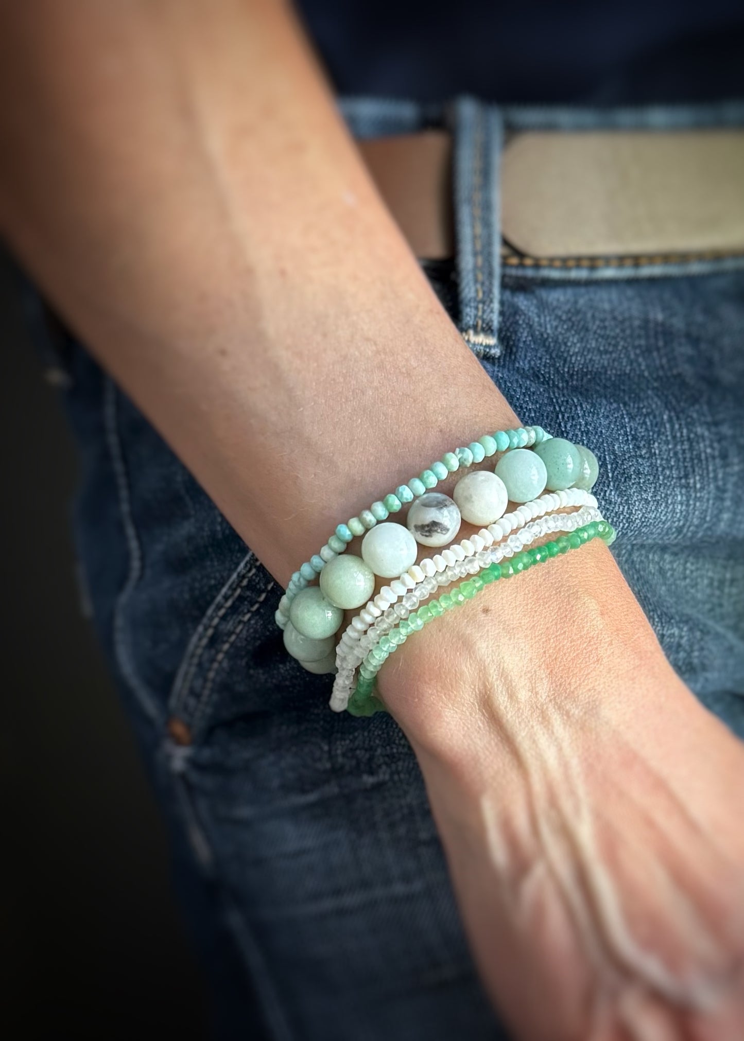 Faceted Prase Opal Bead Stretch Bracelet