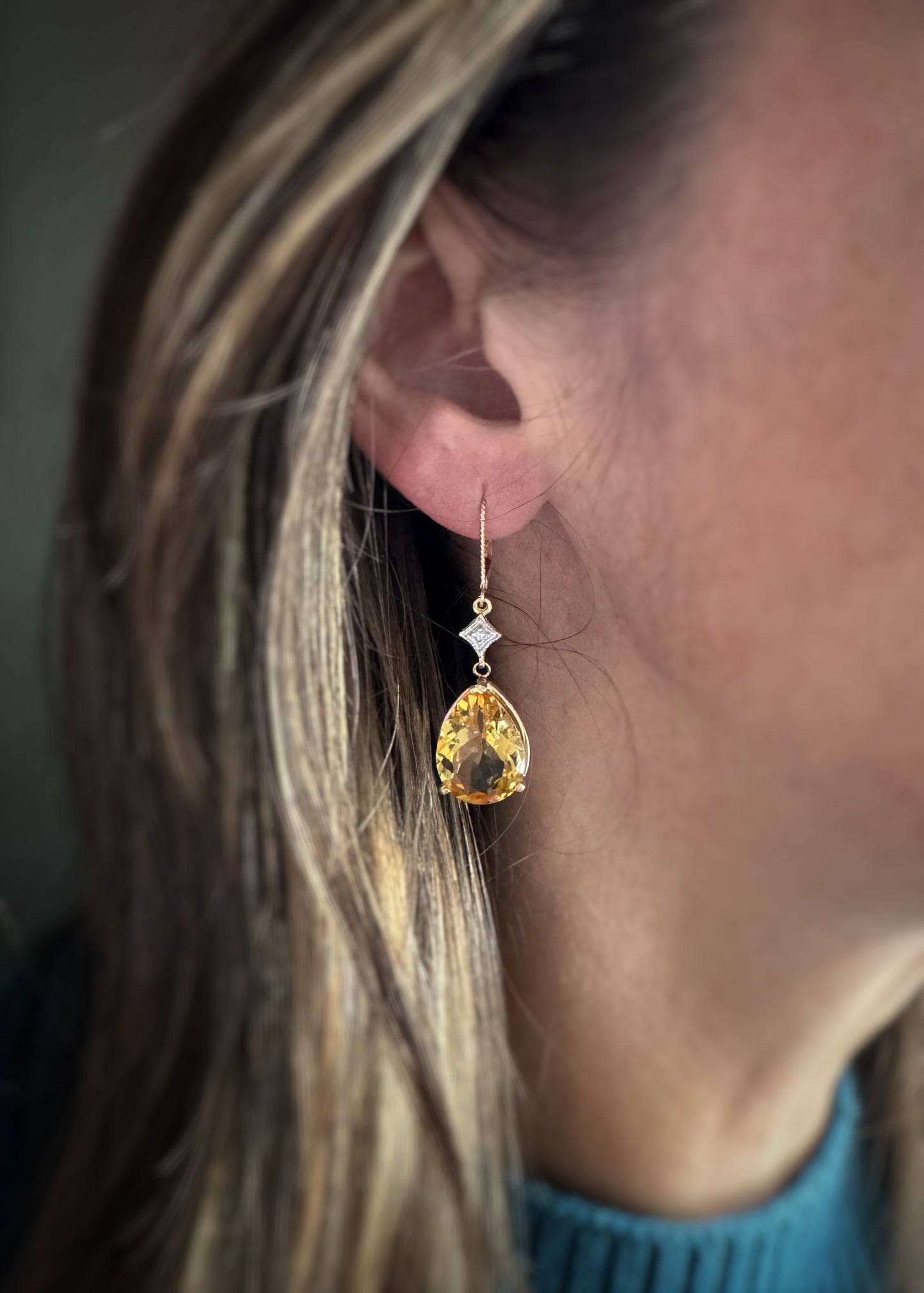 Estate 14k + Citrine and Diamond Dangle Earrings