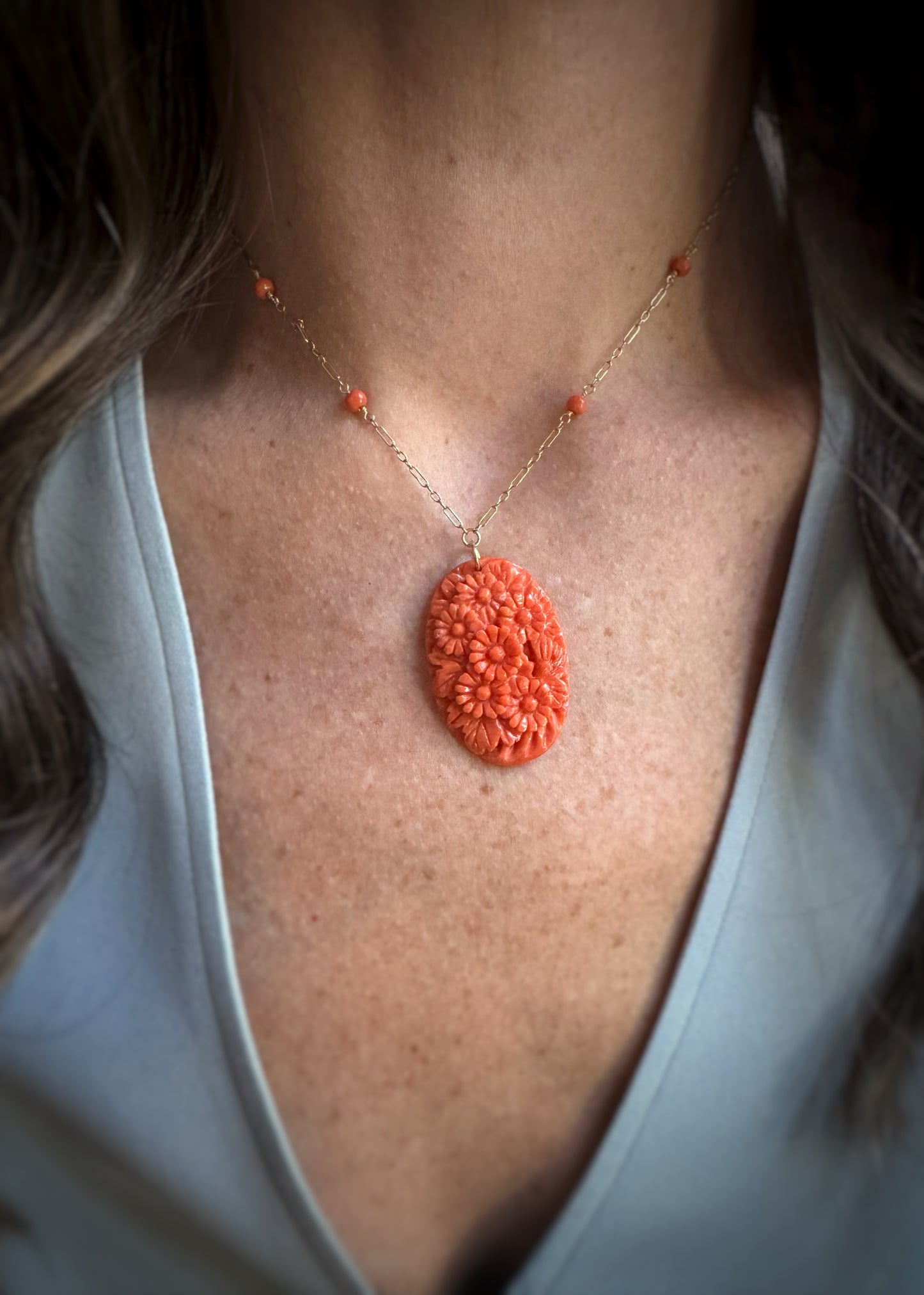 Estate 10k + Carved Coral Necklace
