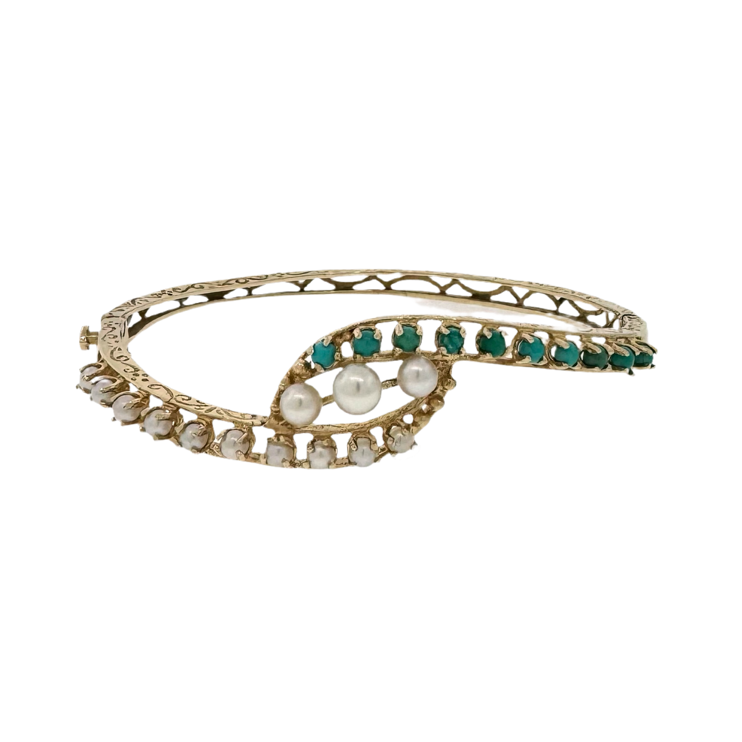 Estate 14k + Pearl and Turquoise Bangle Bracelet