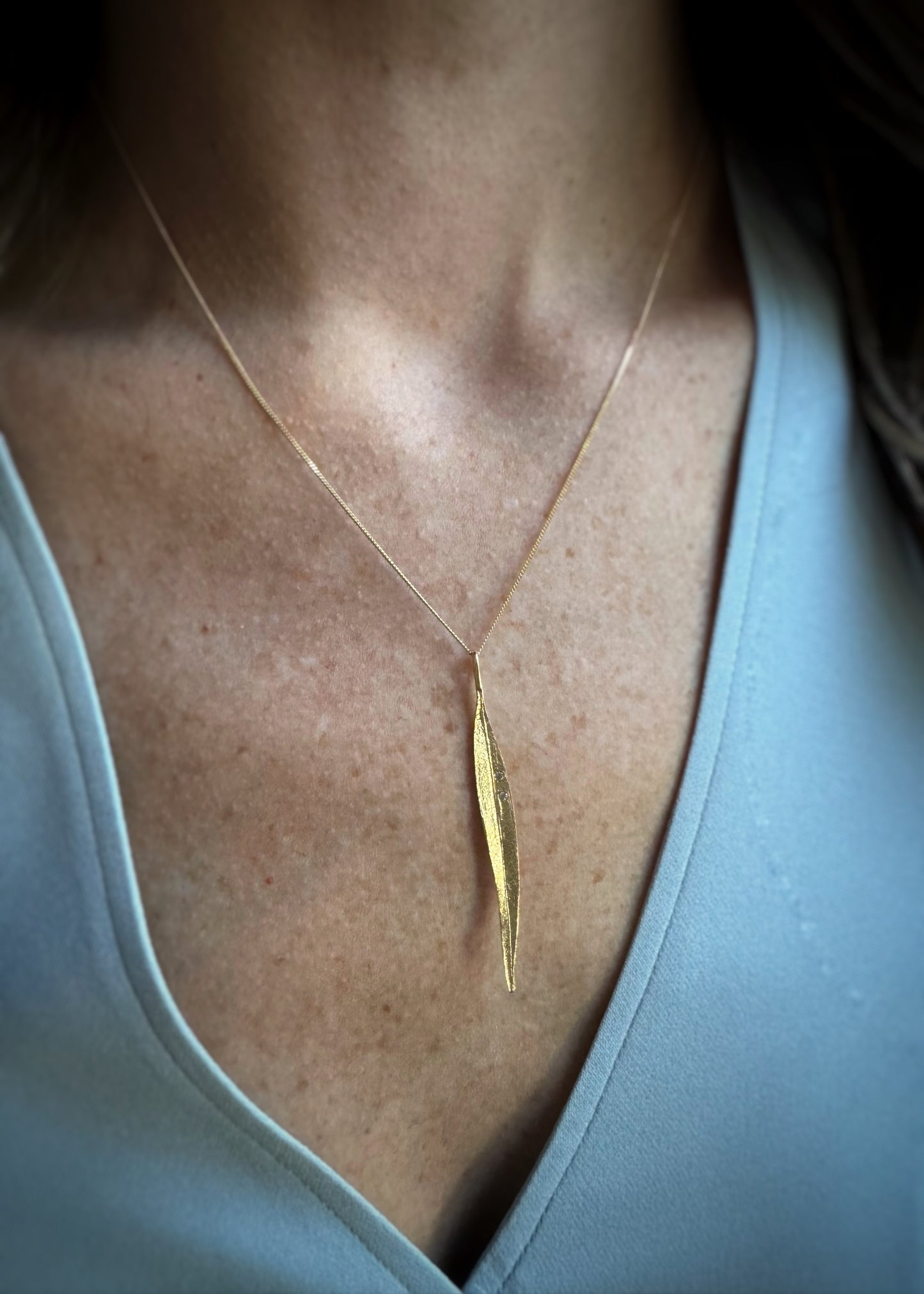 Estate 14k + Diamond Large Leaf Necklace