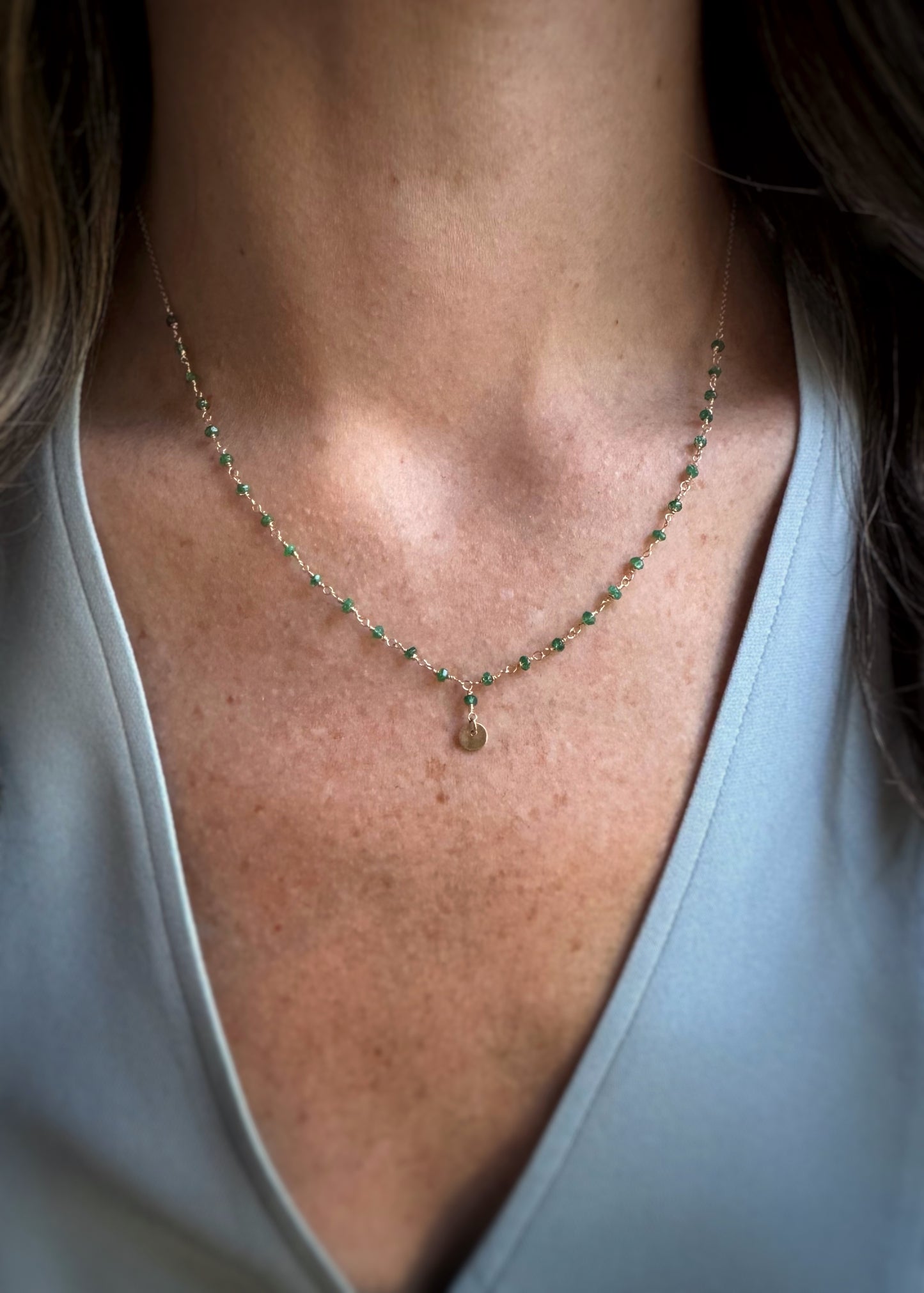 14k + Emerald Beads with Mini Disc Necklace