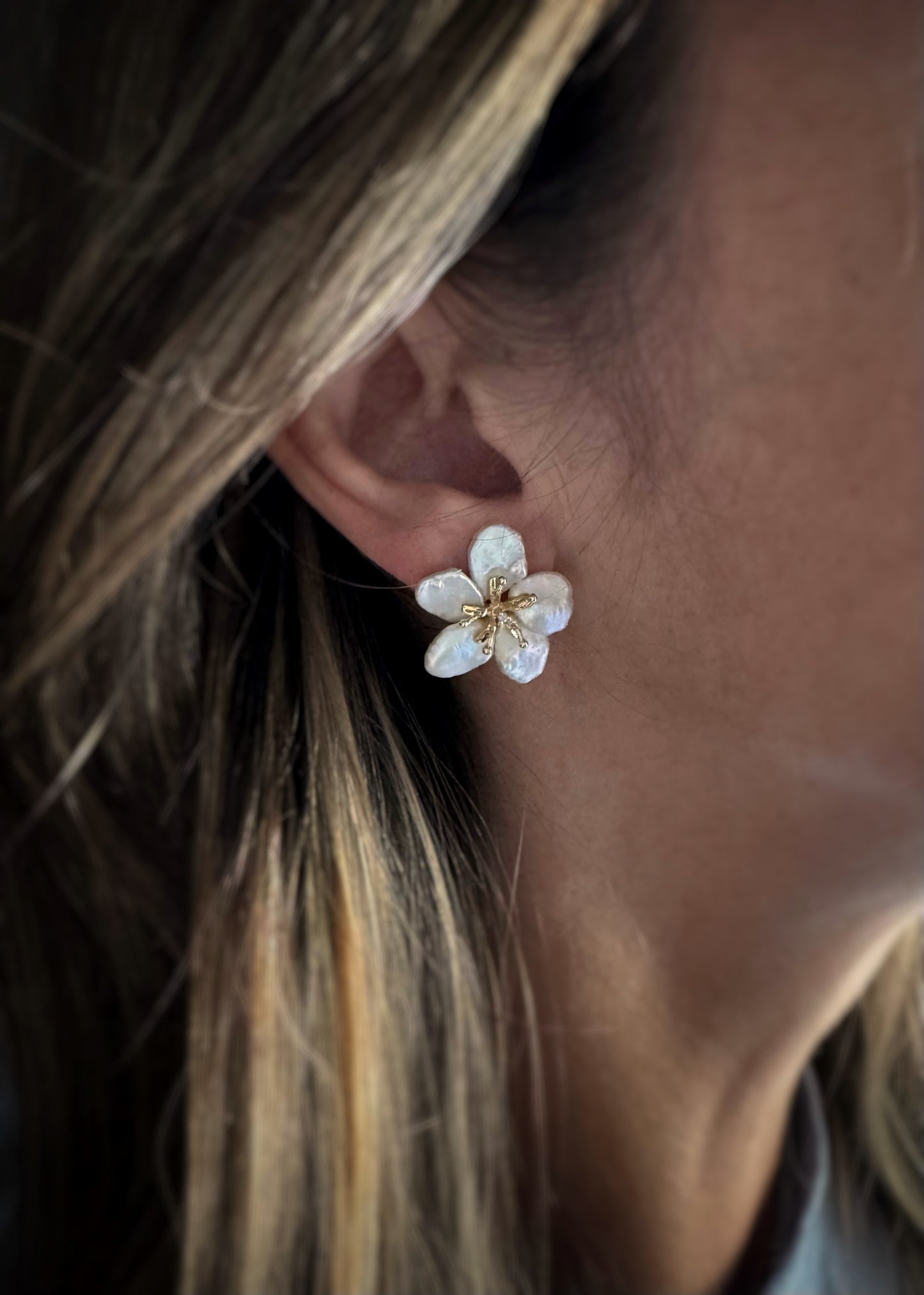 Estate 14k + Keshi Pearl Flower Earrings