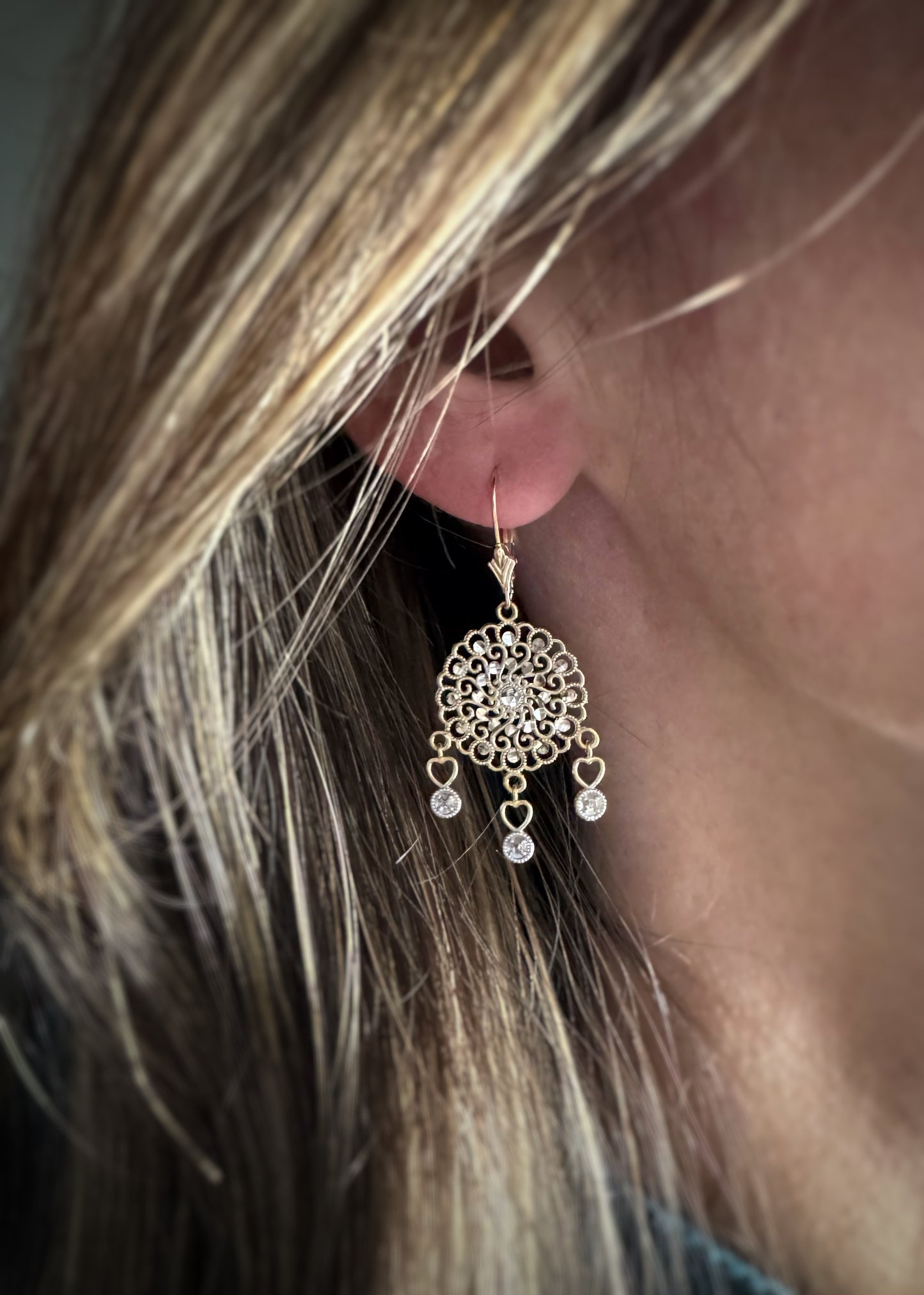 Estate 14k + Lace Cut-out Dangle Earrings