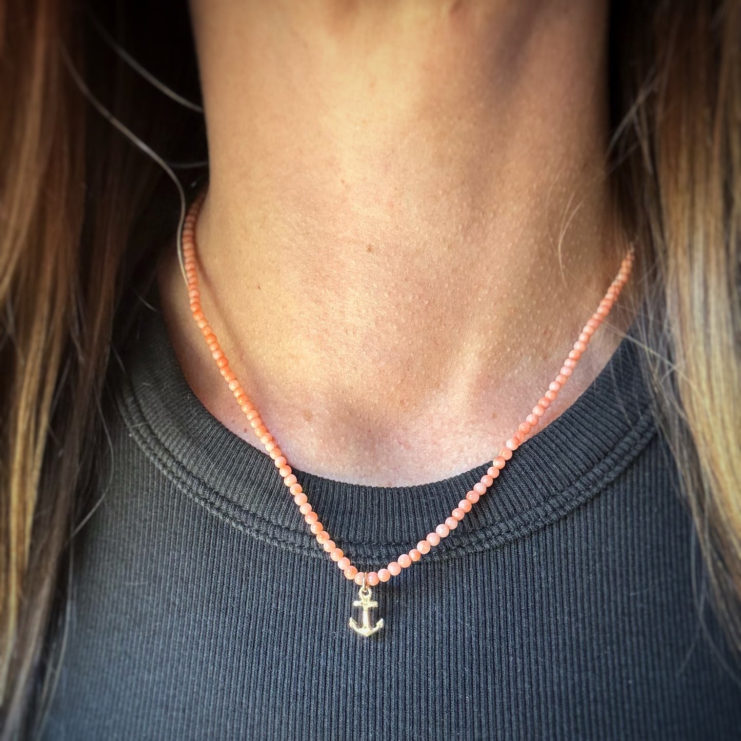 Estate 14k + Pink Coral Beads and Anchor Necklace