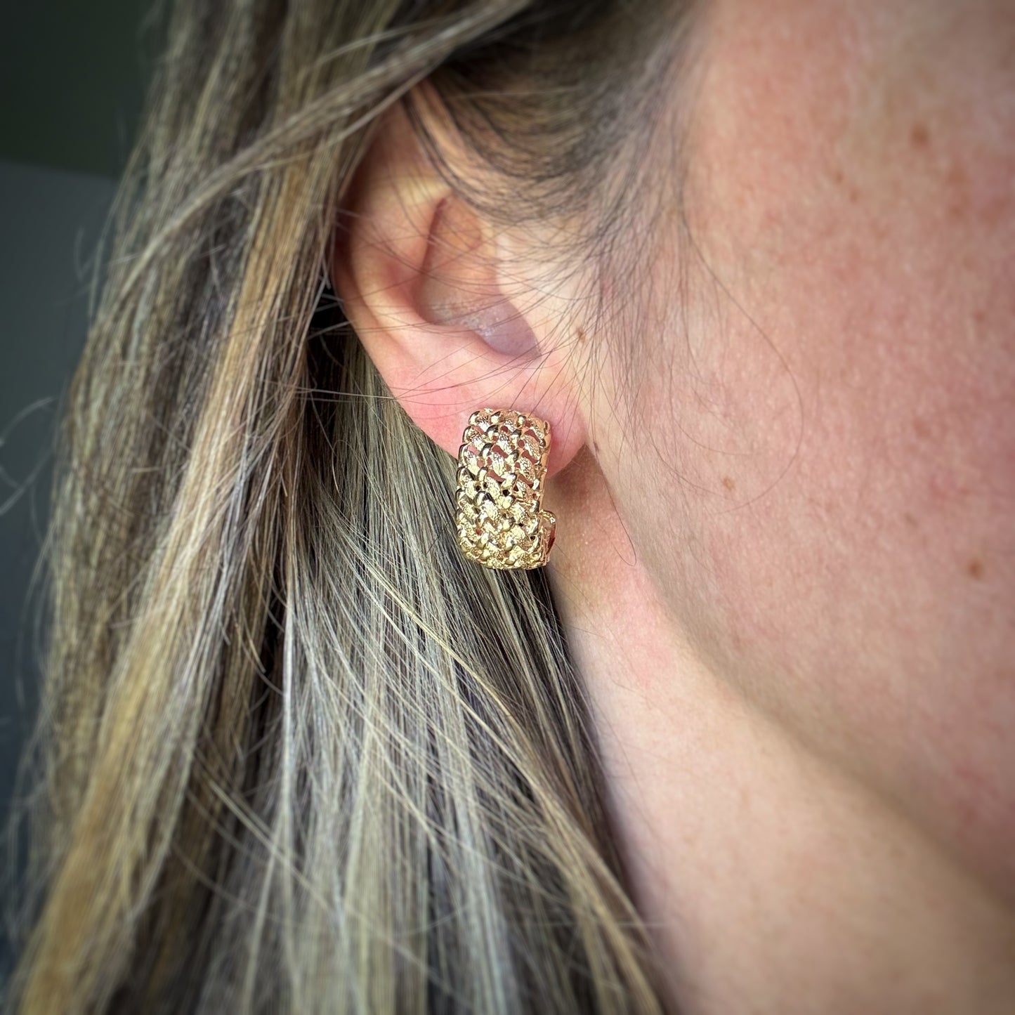 Estate 14k + Mesh Diamond-Cut Hoop Earrings