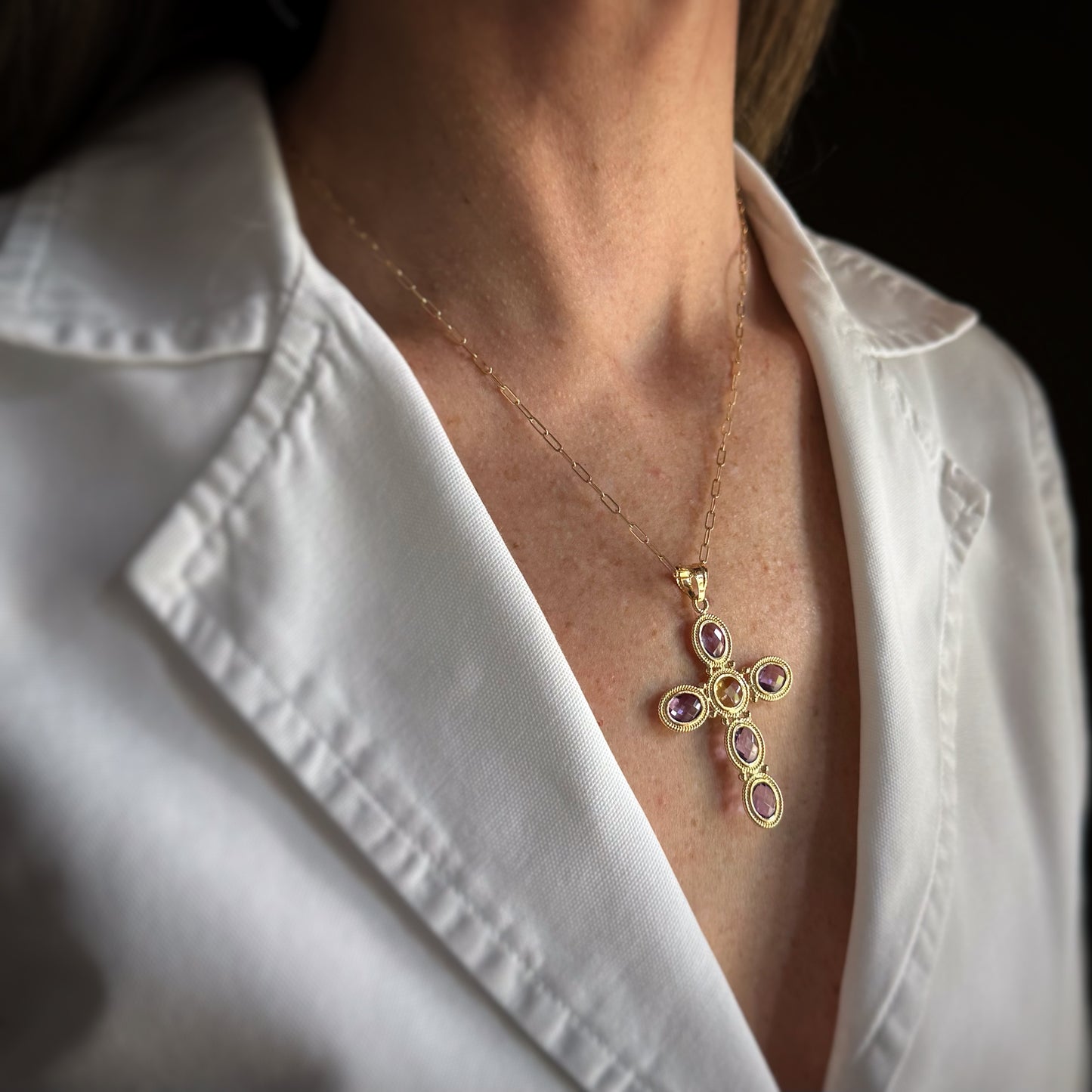 Estate 18k + Amethyst & Citrine Large Cross Pendant
