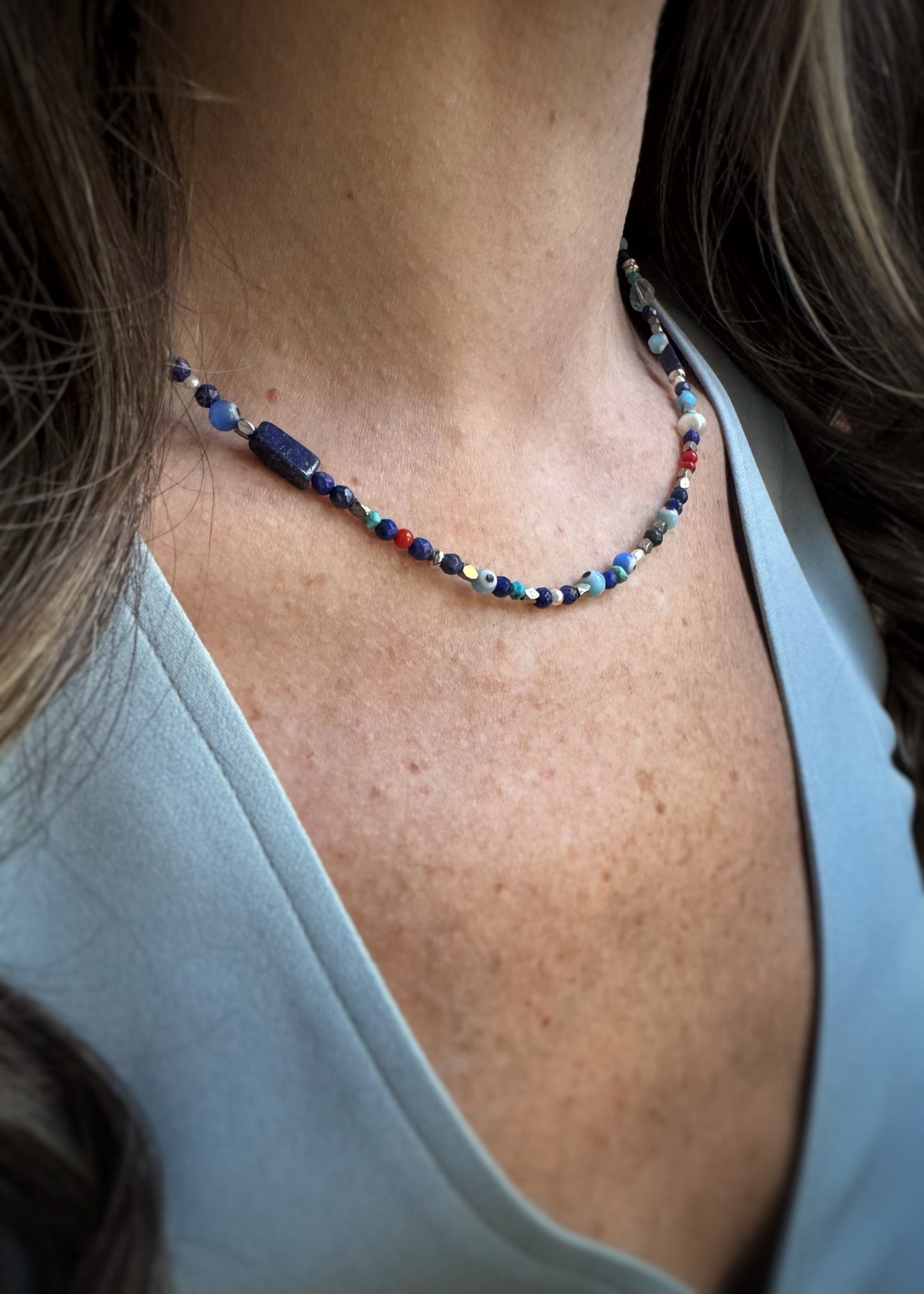 Sterling + Mixed Gems Evil Eye Beaded Necklace