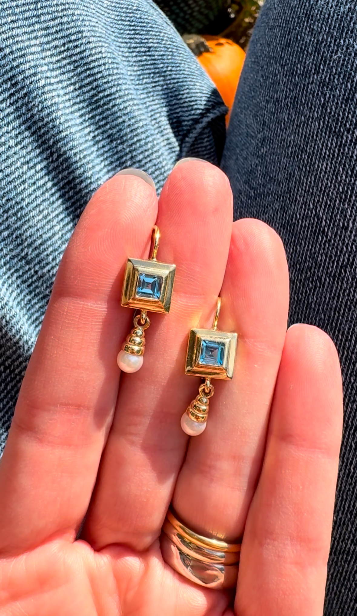 Estate 14k + Blue Topaz and Akoya Pearl Drop Earrings