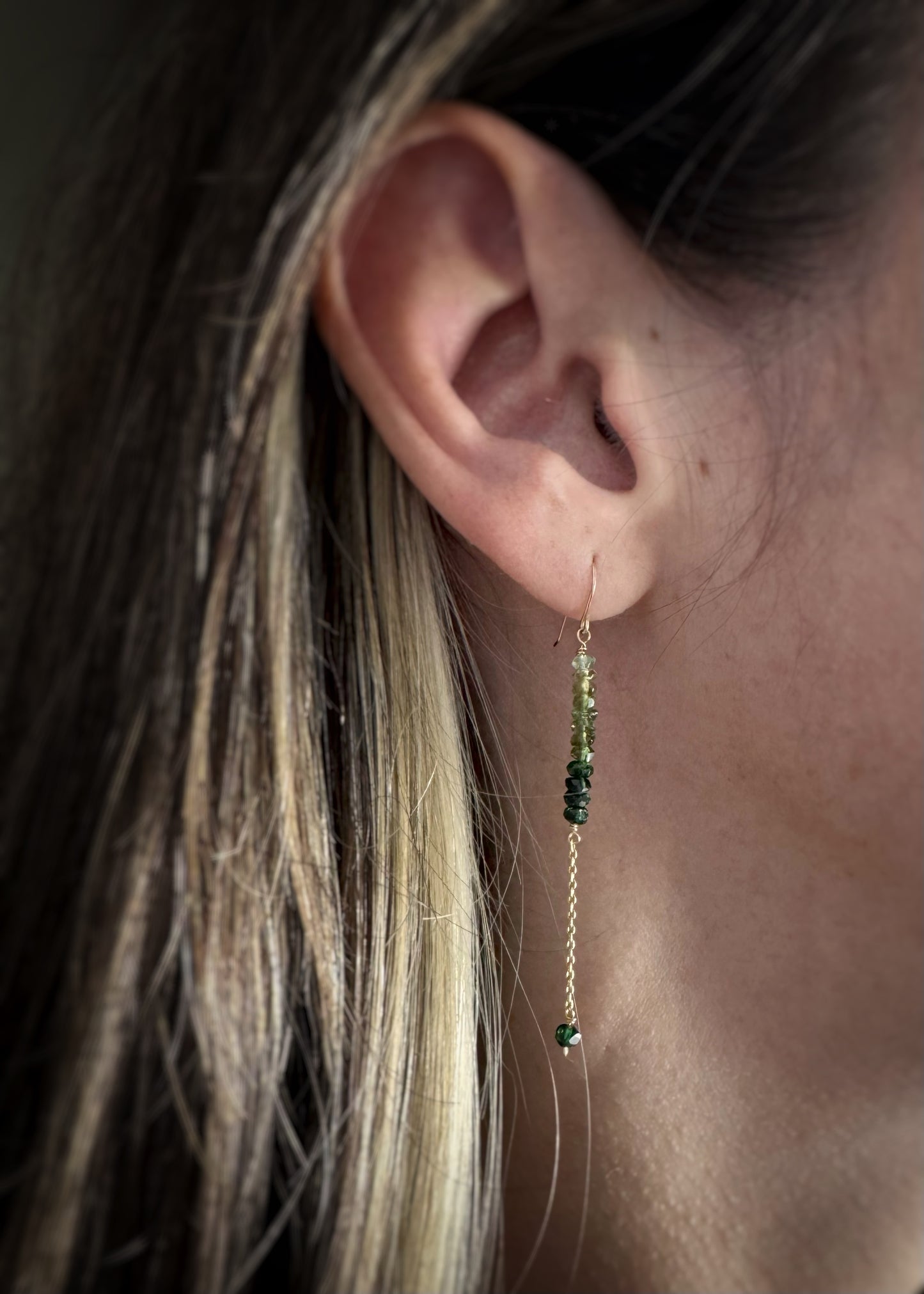 14k + Green Tourmaline Bead & Chain Earrings