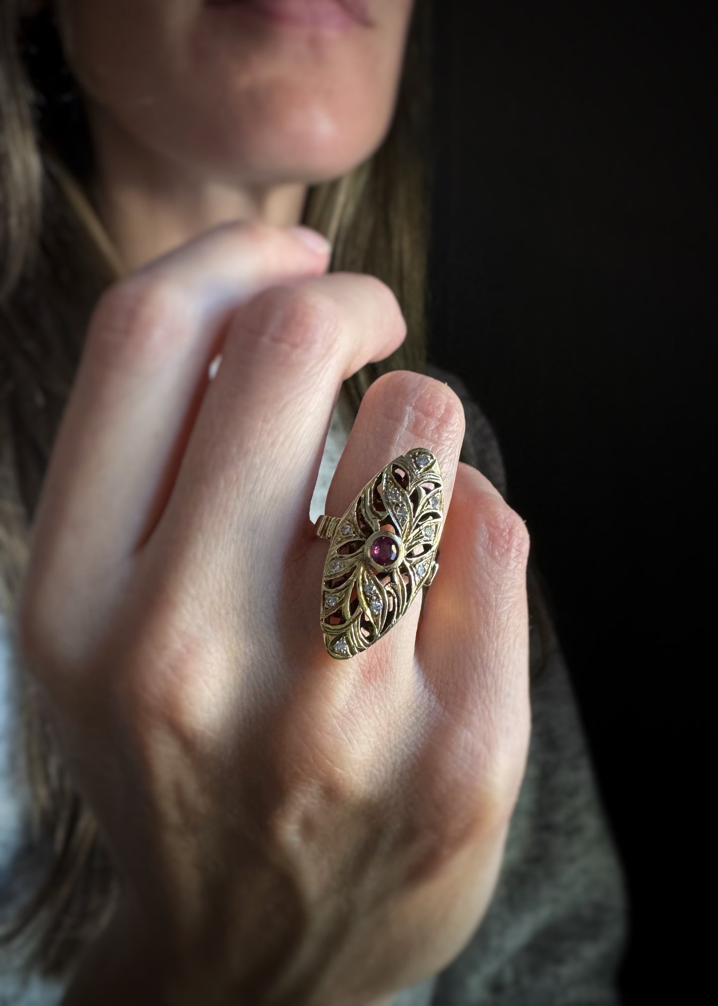 Estate 14k + Ruby and Diamond Navette Ring