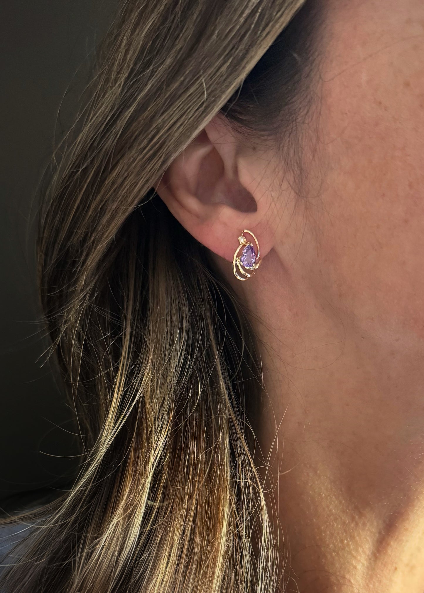 Estate 14k + Amethyst and Diamond Swirl Earrings