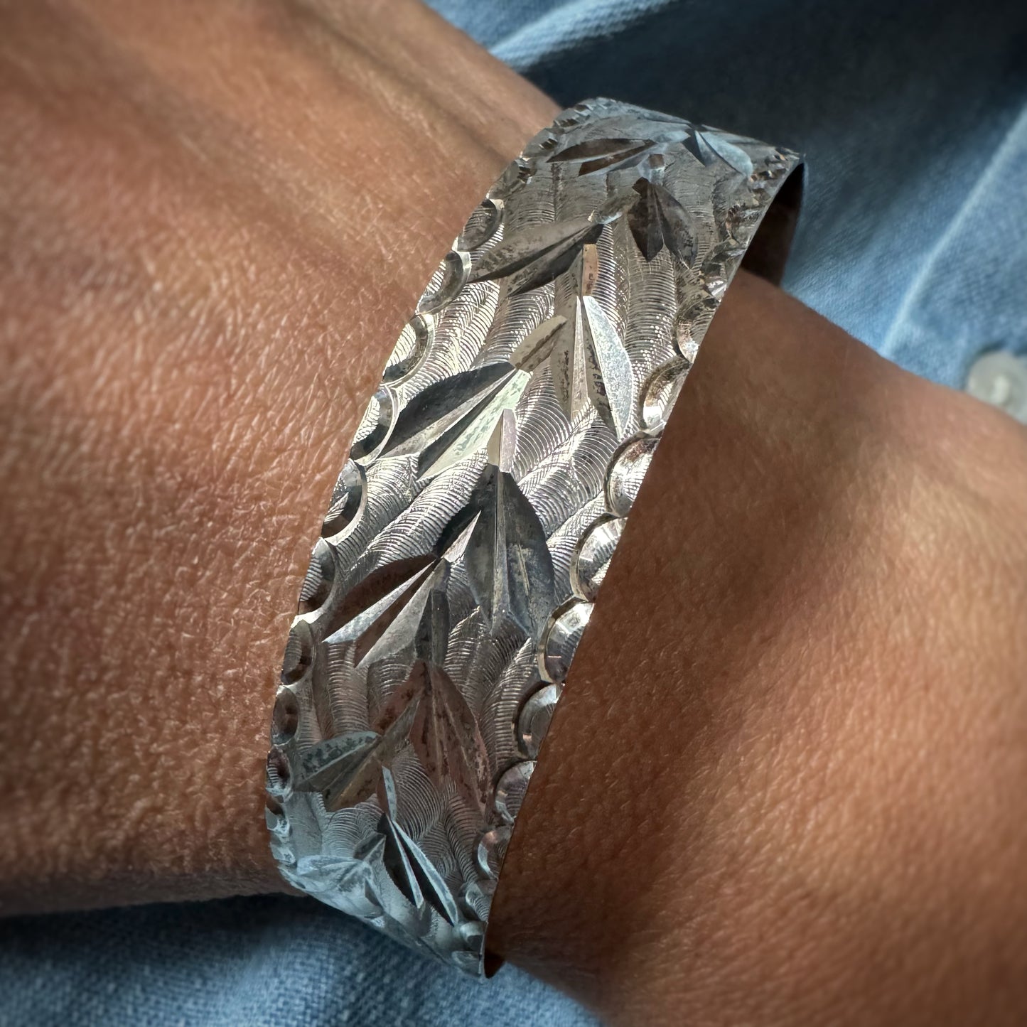 Estate Silver + Engraved Flat Bangle Bracelet