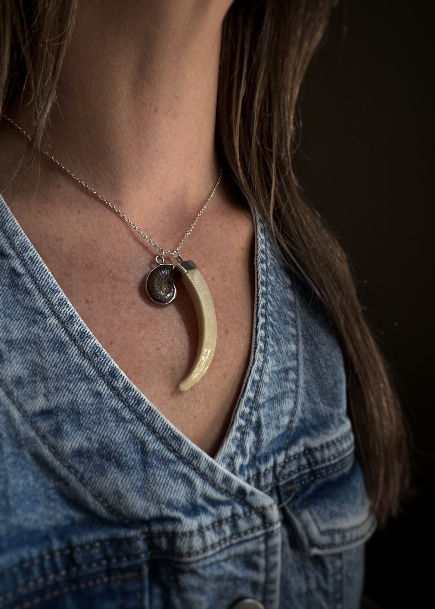 Estate Sterling Silver + Fossilized Ammonite Pendant Charm