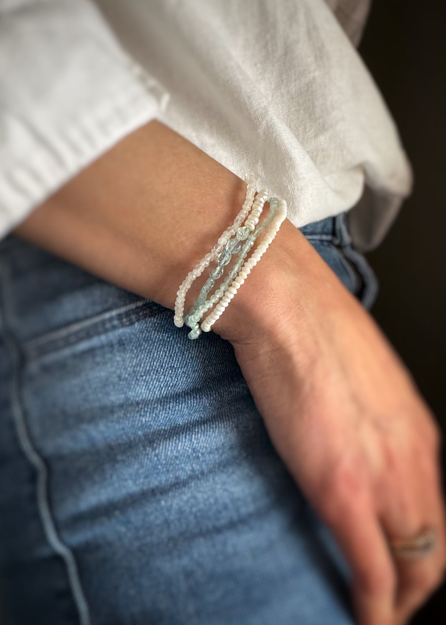 Aquamarine + Pearl Stretch Bracelet
