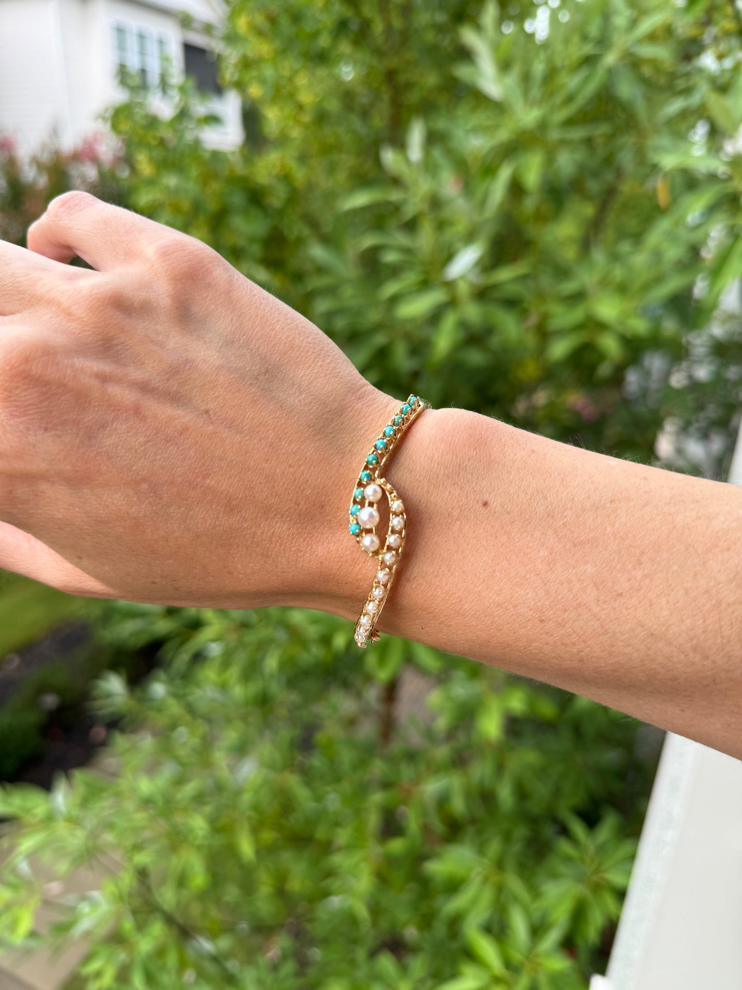 Estate 14k + Pearl and Turquoise Bangle Bracelet