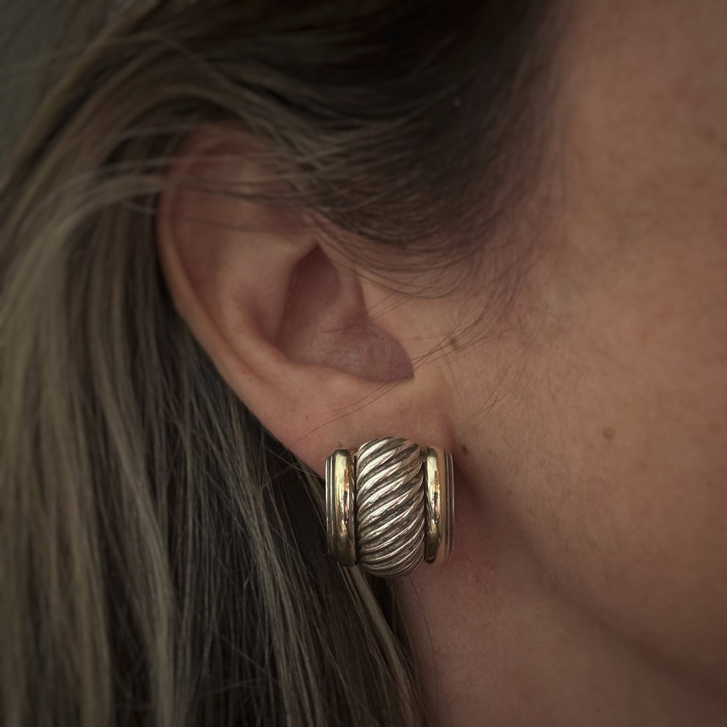 Estate Designer Sterling Silver + 14k Cable Thoroughbred Earrings