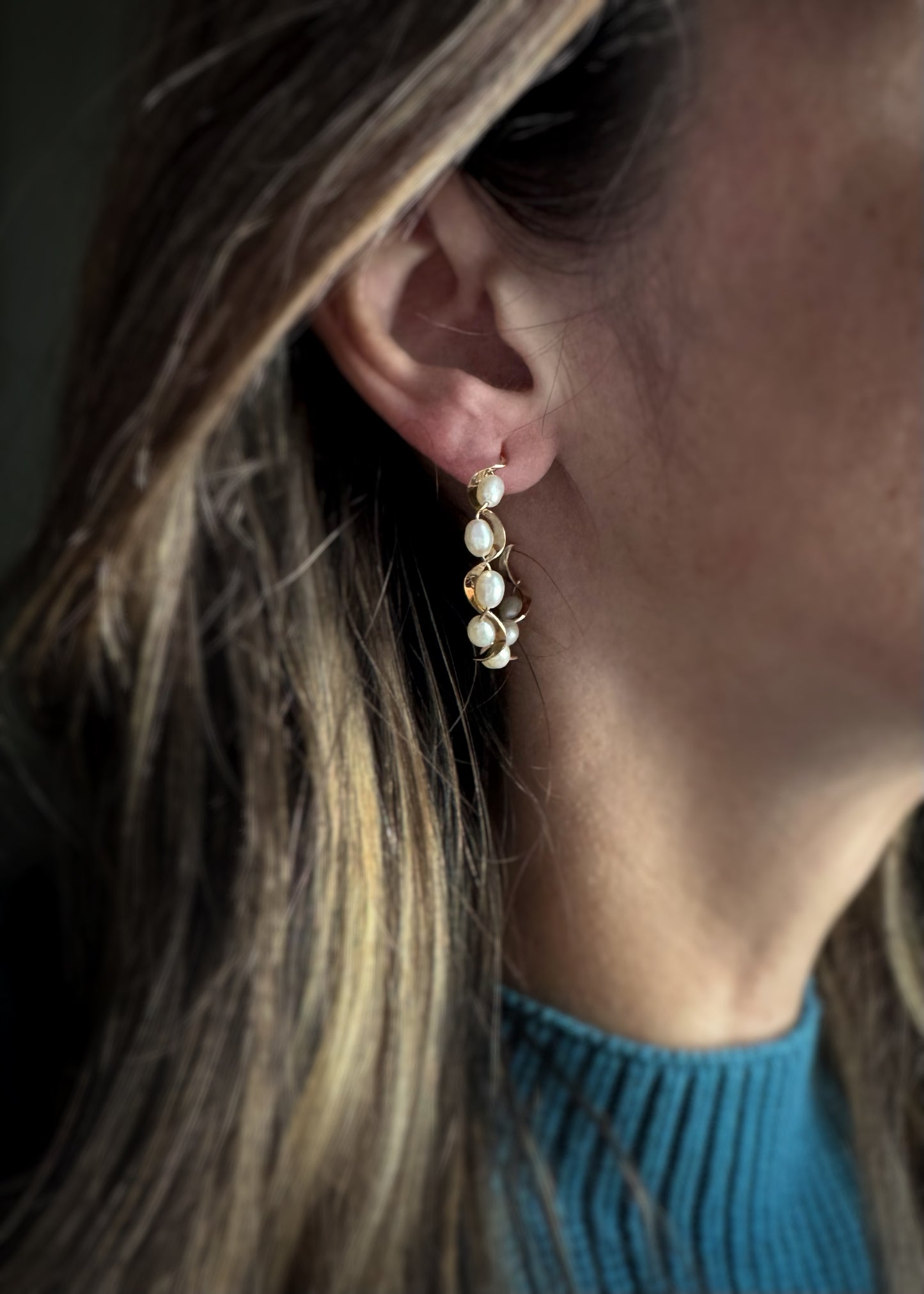 Estate 14k + Pearl Hoop Earrings