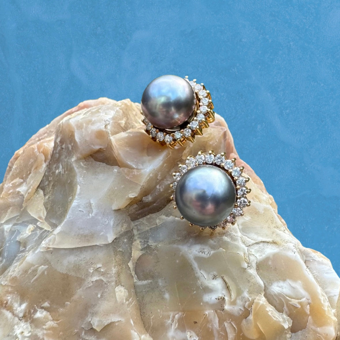 Estate 14k + Tahitian Pearl and Diamond Halo Earrings