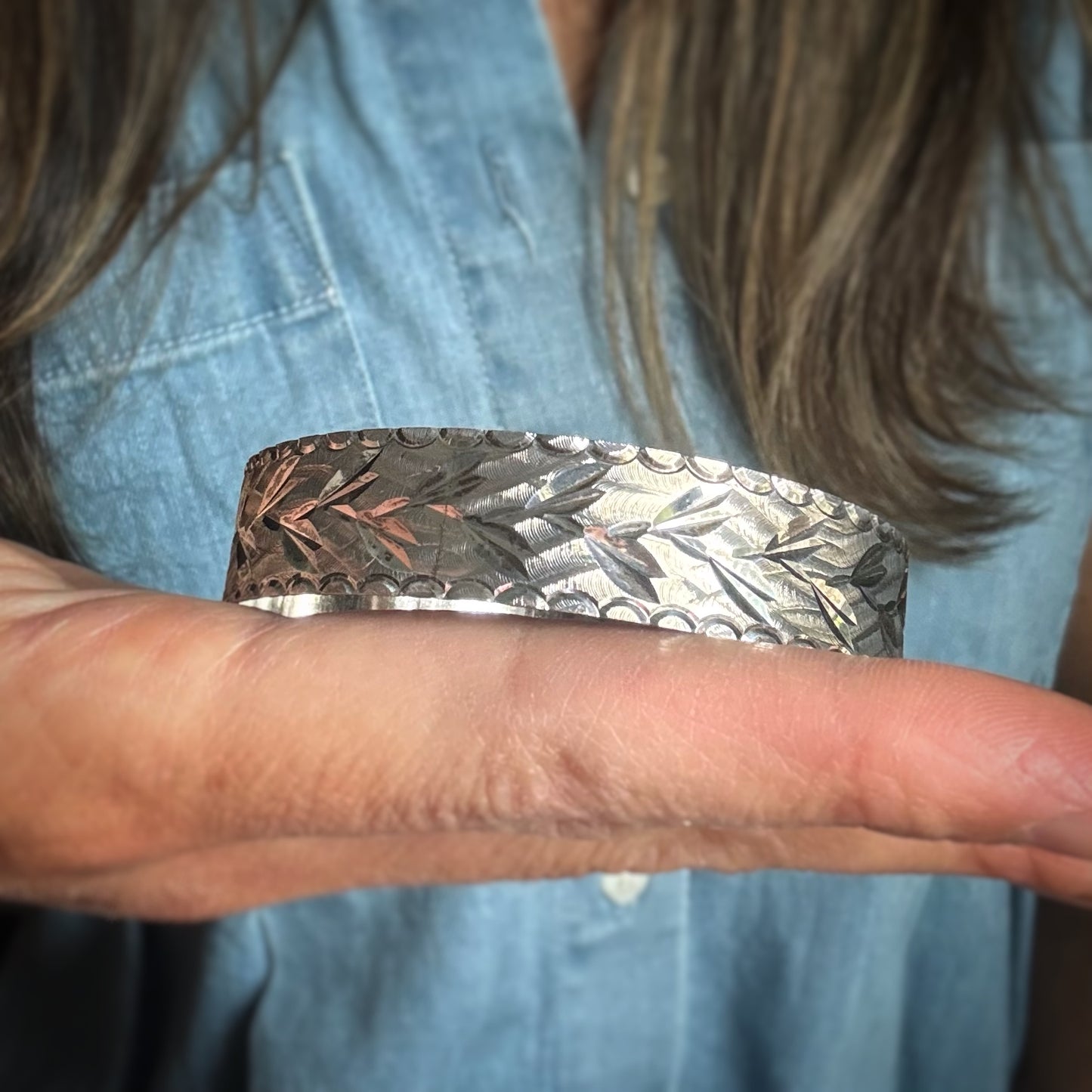 Estate Silver + Engraved Flat Bangle Bracelet