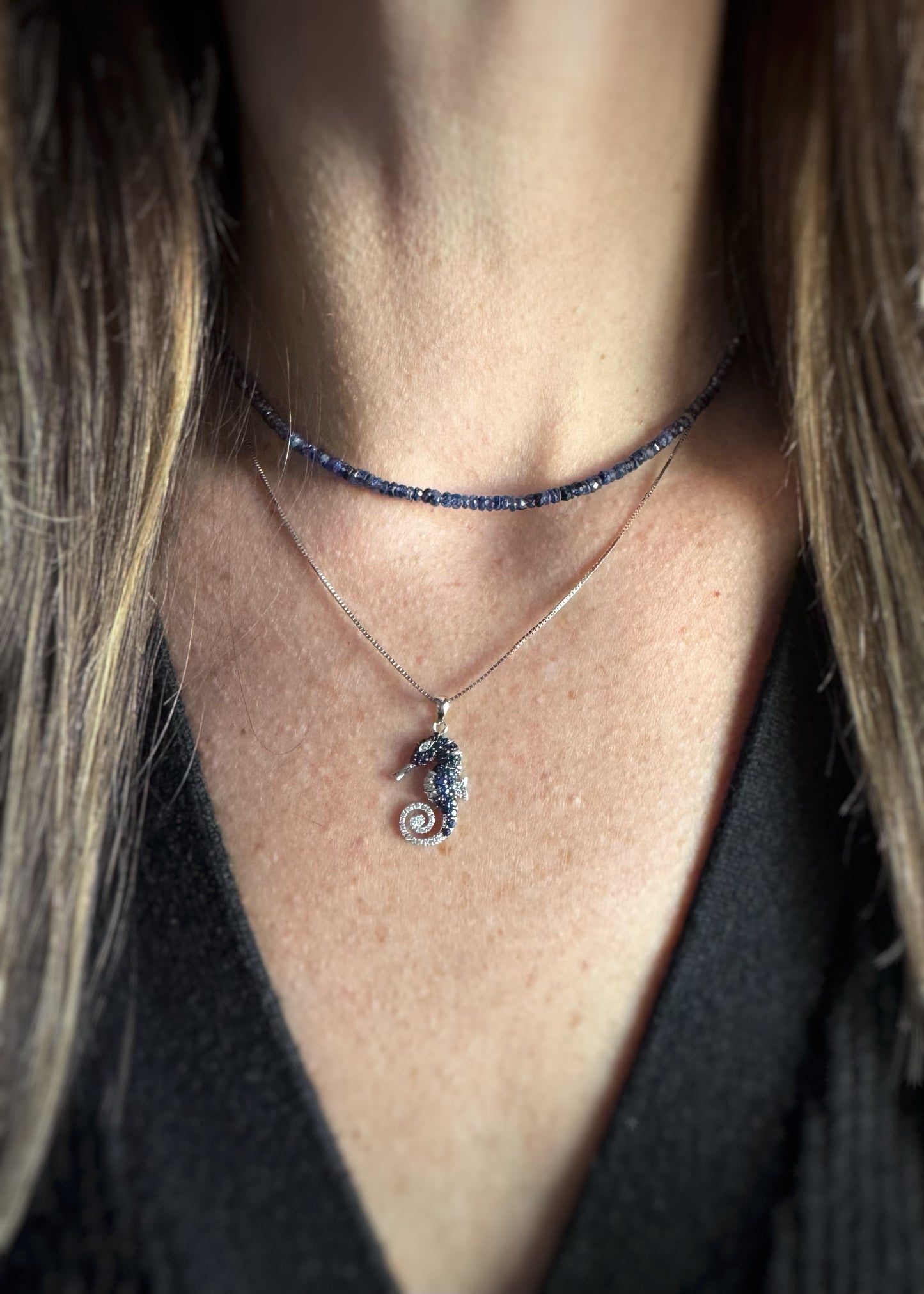 Estate Designer 14k + Sapphire Seahorse Necklace