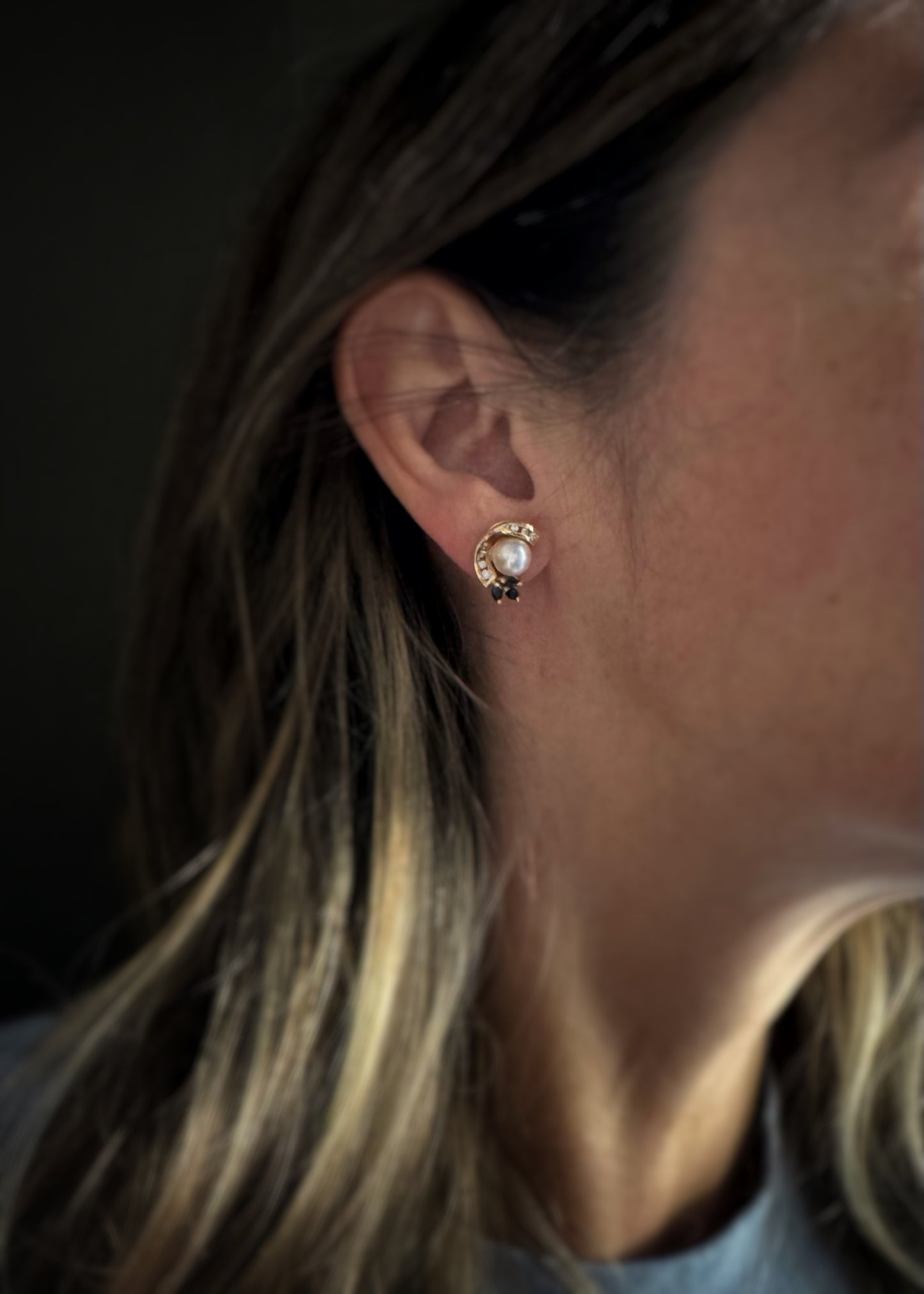 Estate 14k + Pearl Earrings with Sapphires and Diamonds