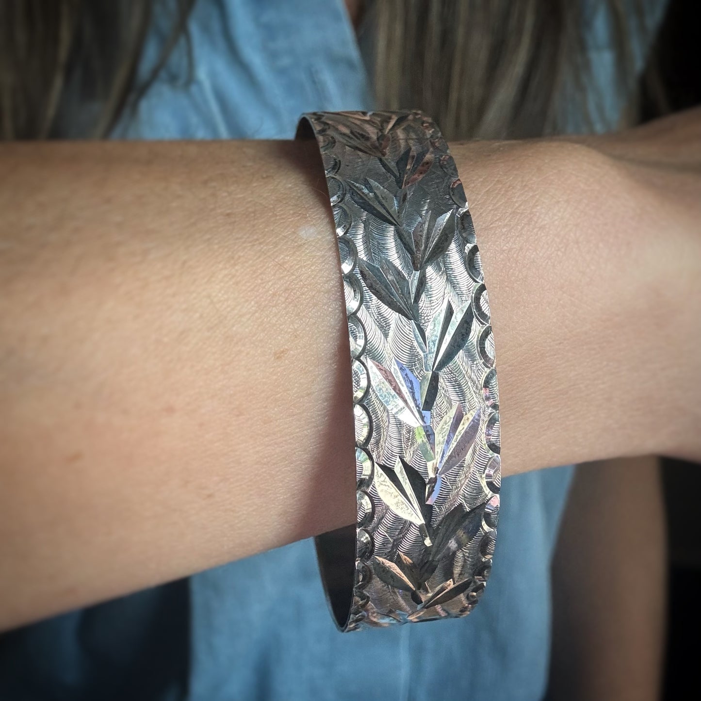 Estate Silver + Engraved Flat Bangle Bracelet