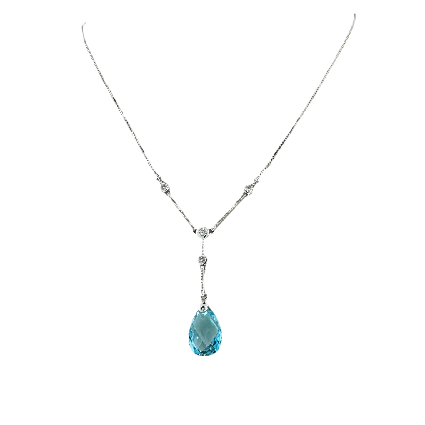 Estate 14k + Blue Topaz and Diamond Lariat 17" Necklace