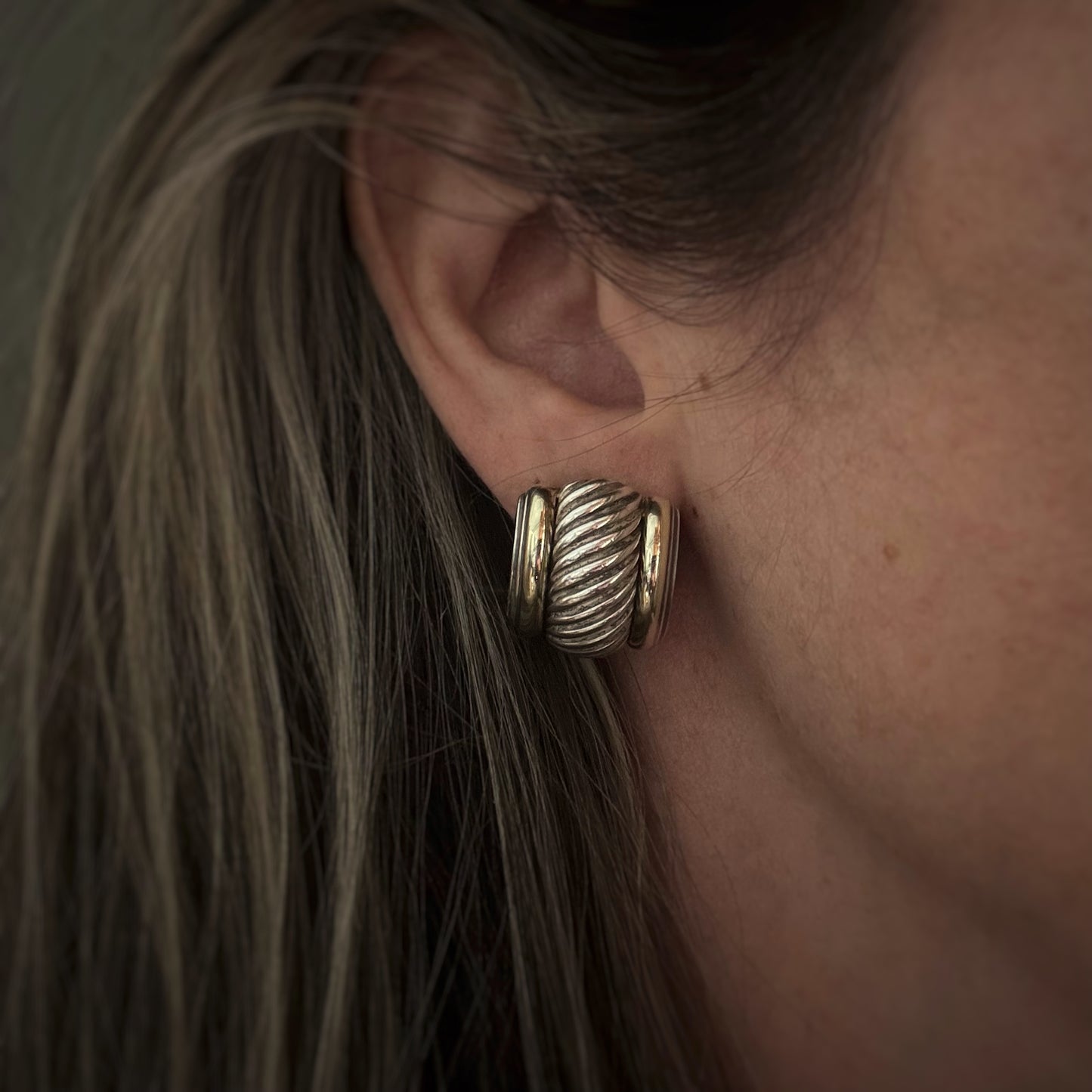 Estate Designer Sterling Silver + 14k Cable Thoroughbred Earrings