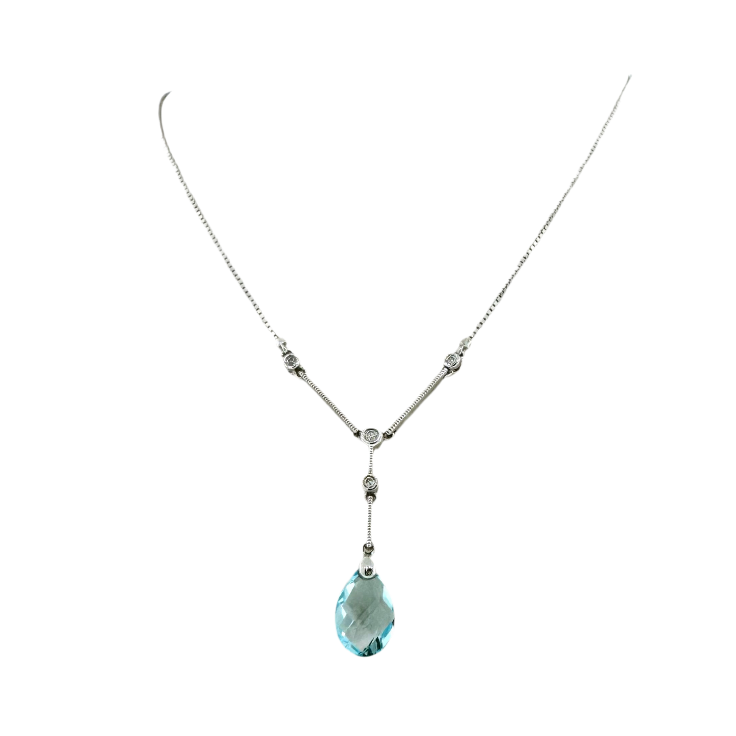 Estate 14k + Blue Topaz and Diamond Lariat 16" Necklace