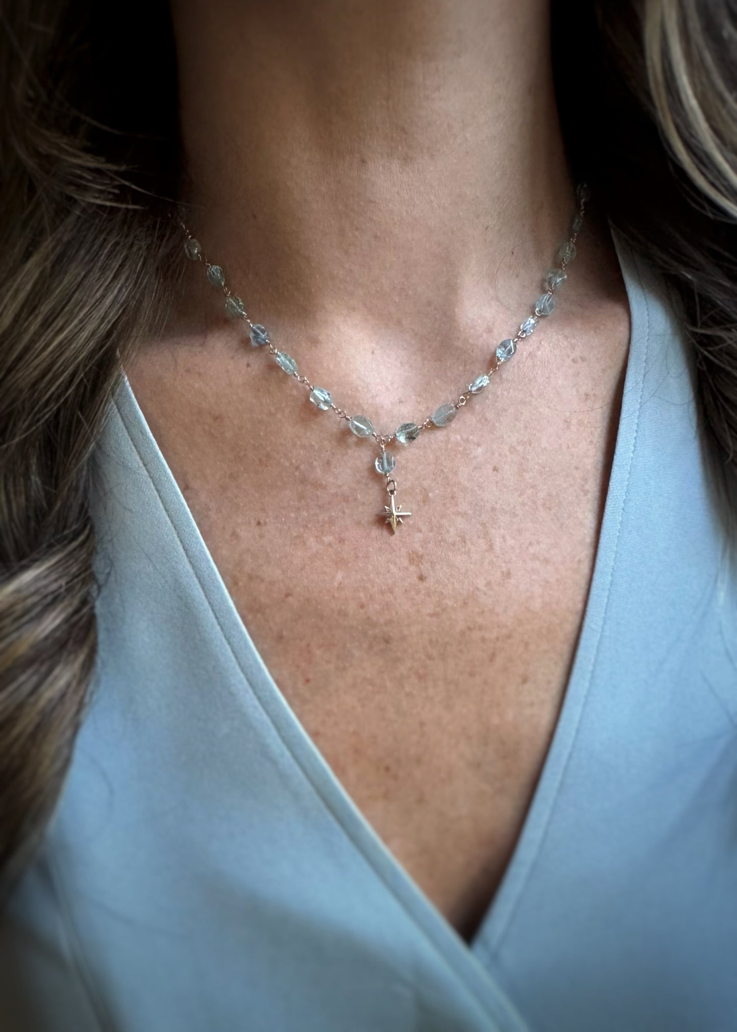 14k + Aquamarine Beaded Chain & Compass Rose Necklace