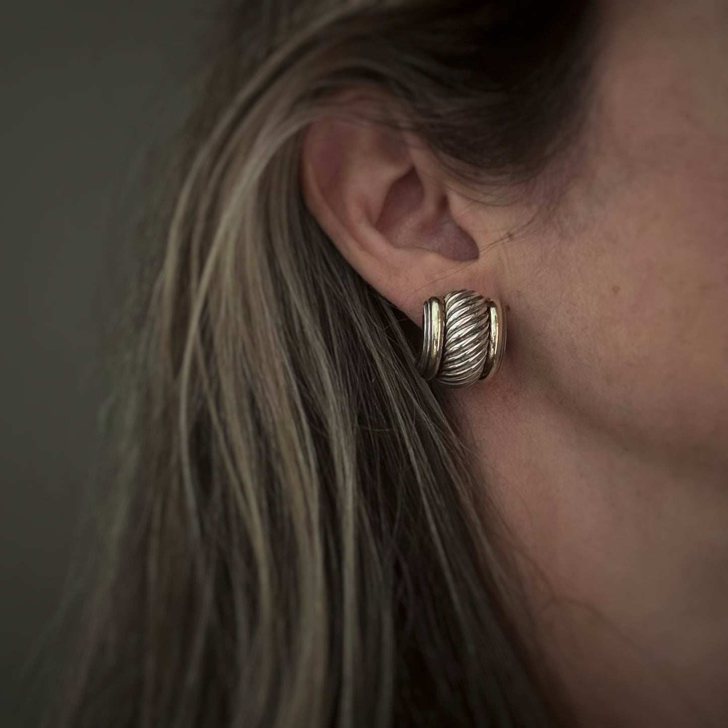 Estate Designer Sterling Silver + 14k Cable Thoroughbred Earrings